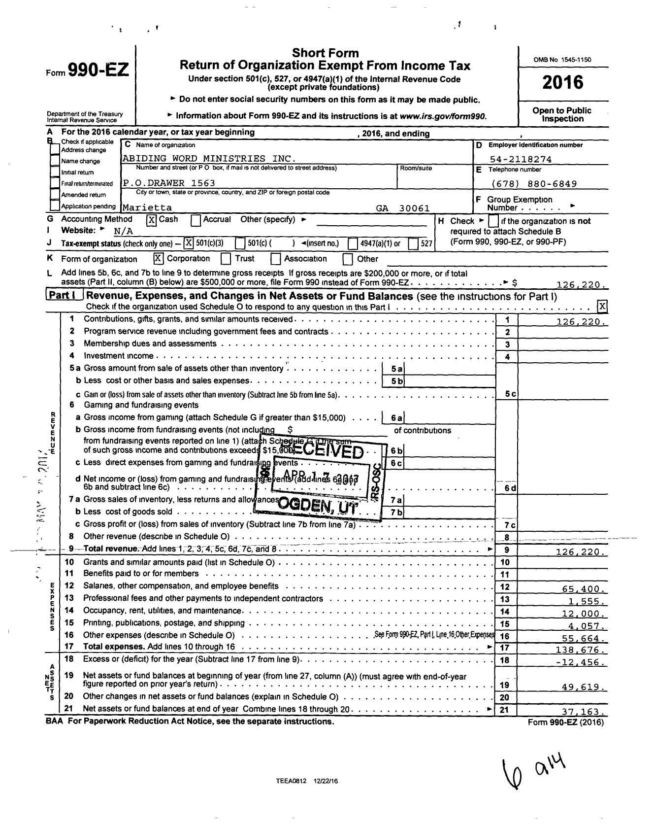 Image of first page of 2016 Form 990EZ for Abiding Word Ministries