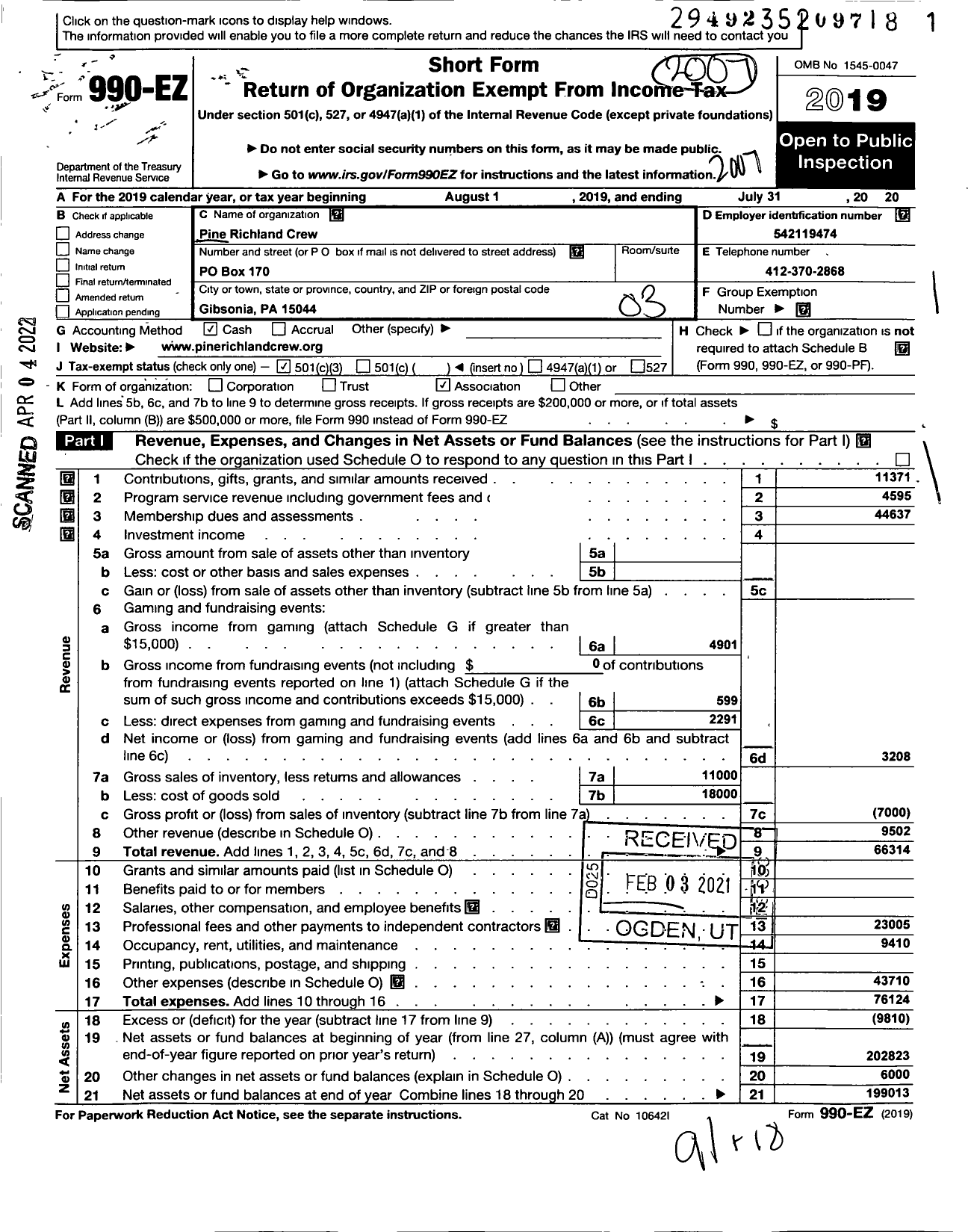 Image of first page of 2019 Form 990EZ for Pine-Richland Crew