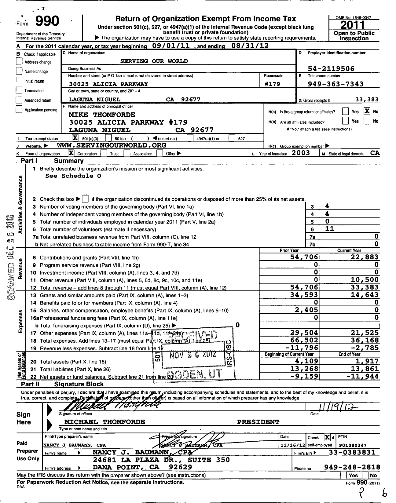 Image of first page of 2011 Form 990 for Serving Our World