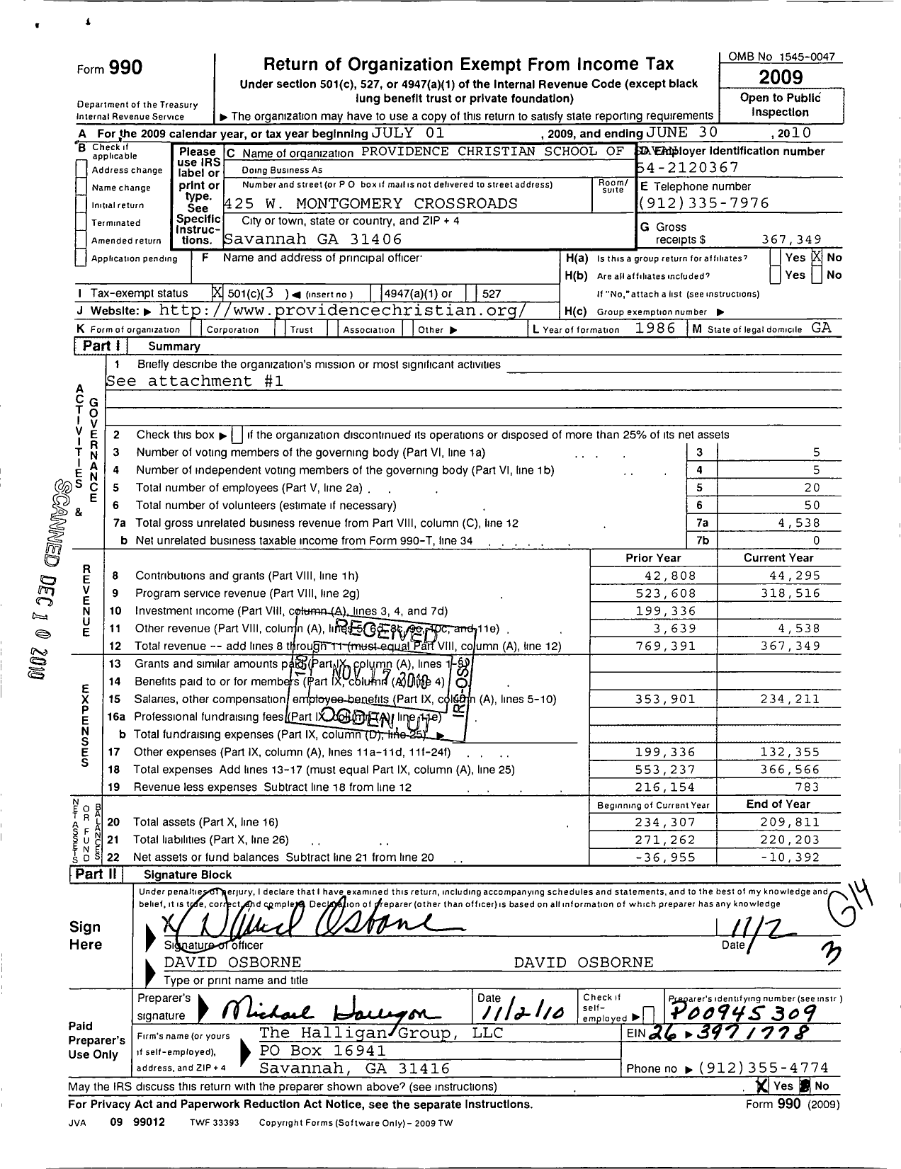 Image of first page of 2009 Form 990 for Providence Christian School of Savannah