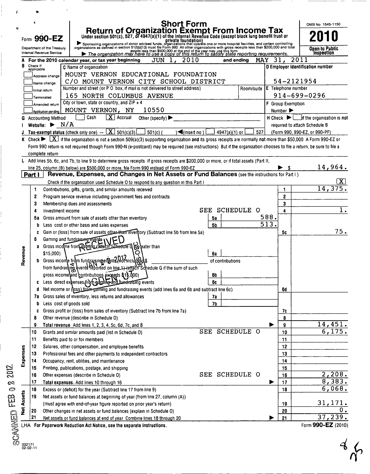 Image of first page of 2010 Form 990EZ for Mount Vernon Educational Foundation