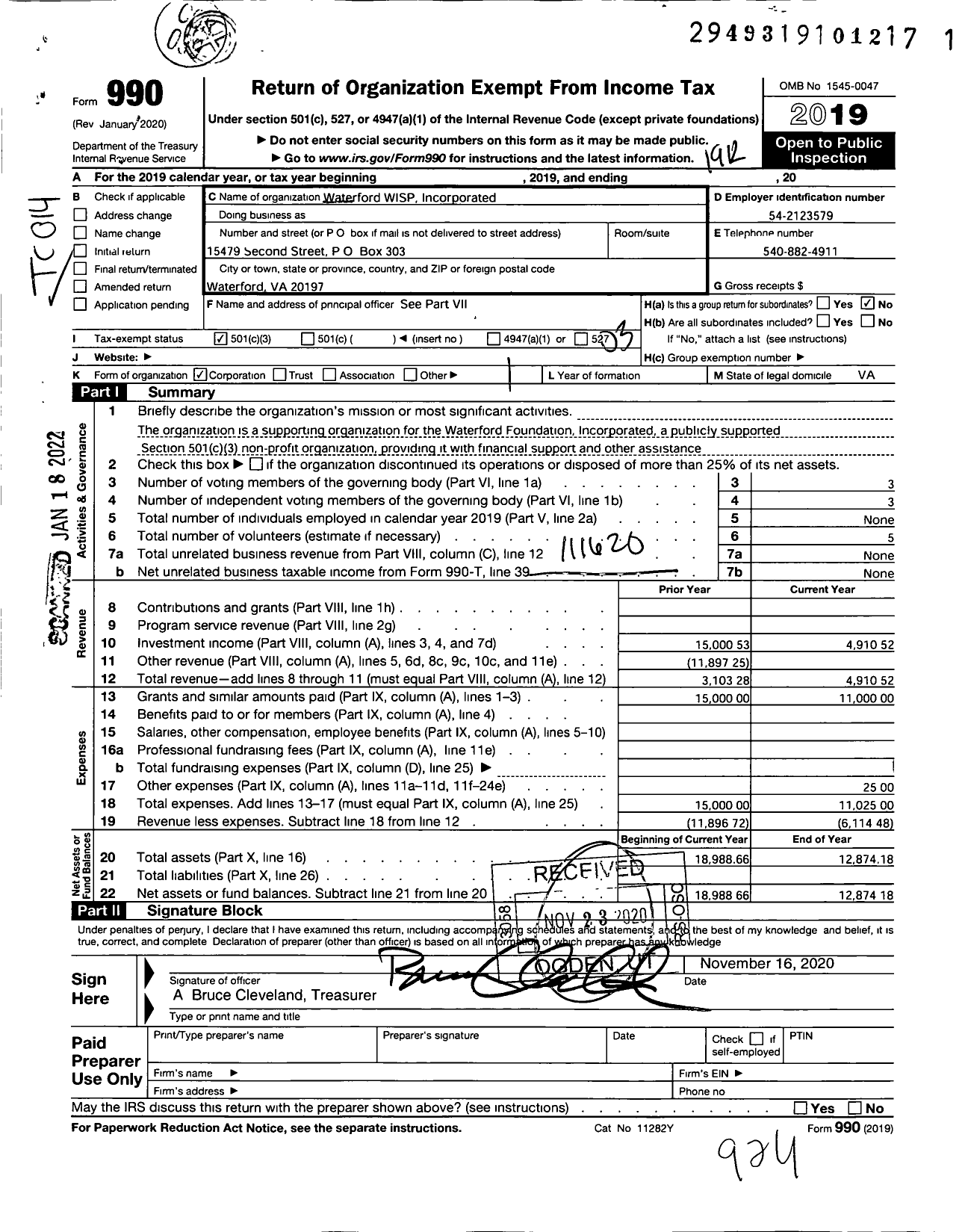 Image of first page of 2019 Form 990 for Waterford WISP Incorporated