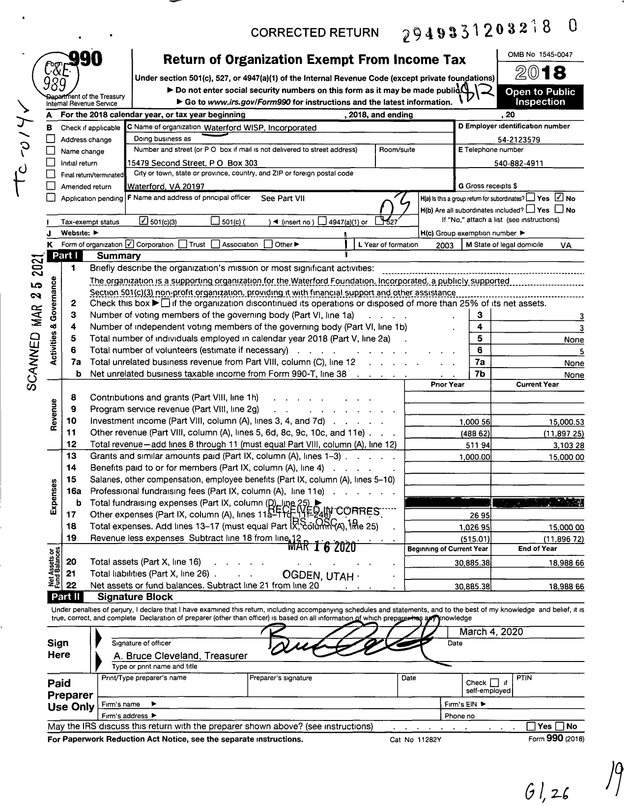 Image of first page of 2018 Form 990 for Waterford WISP Incorporated