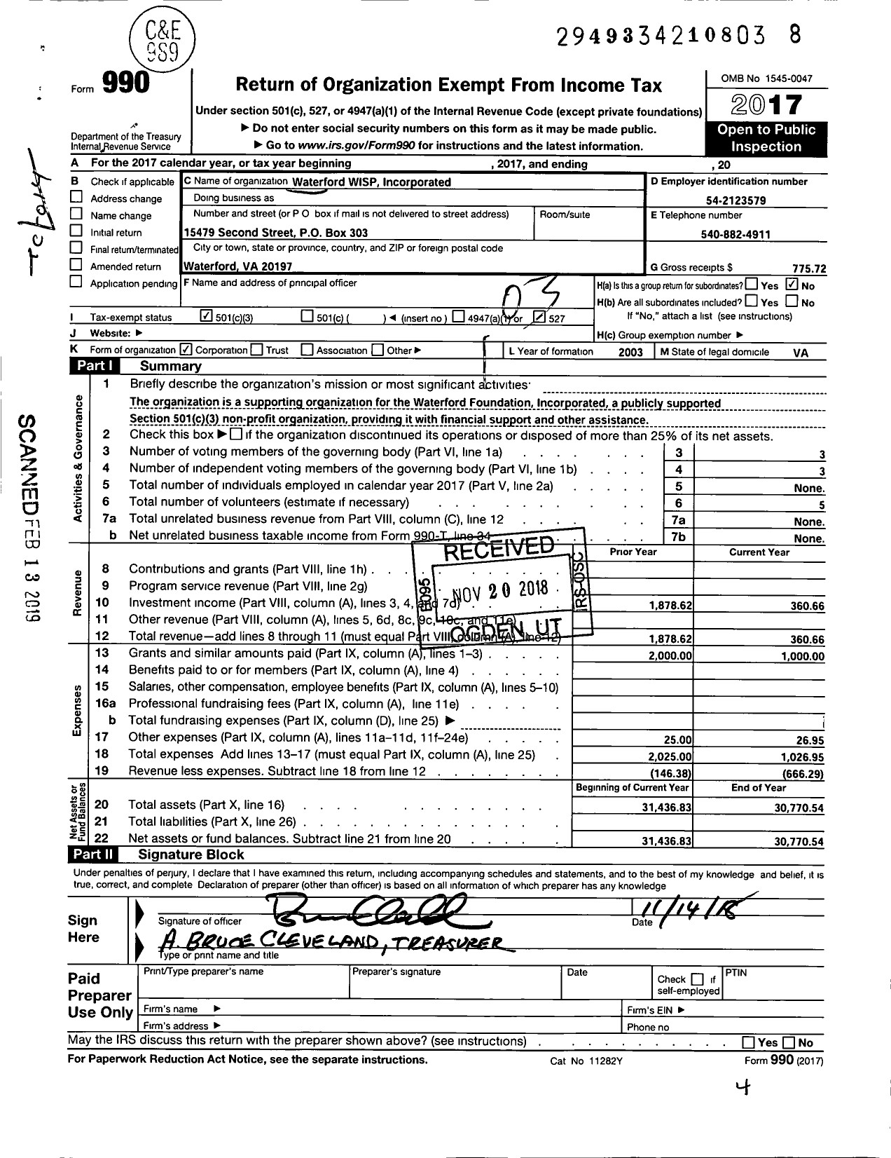 Image of first page of 2017 Form 990 for Waterford WISP Incorporated