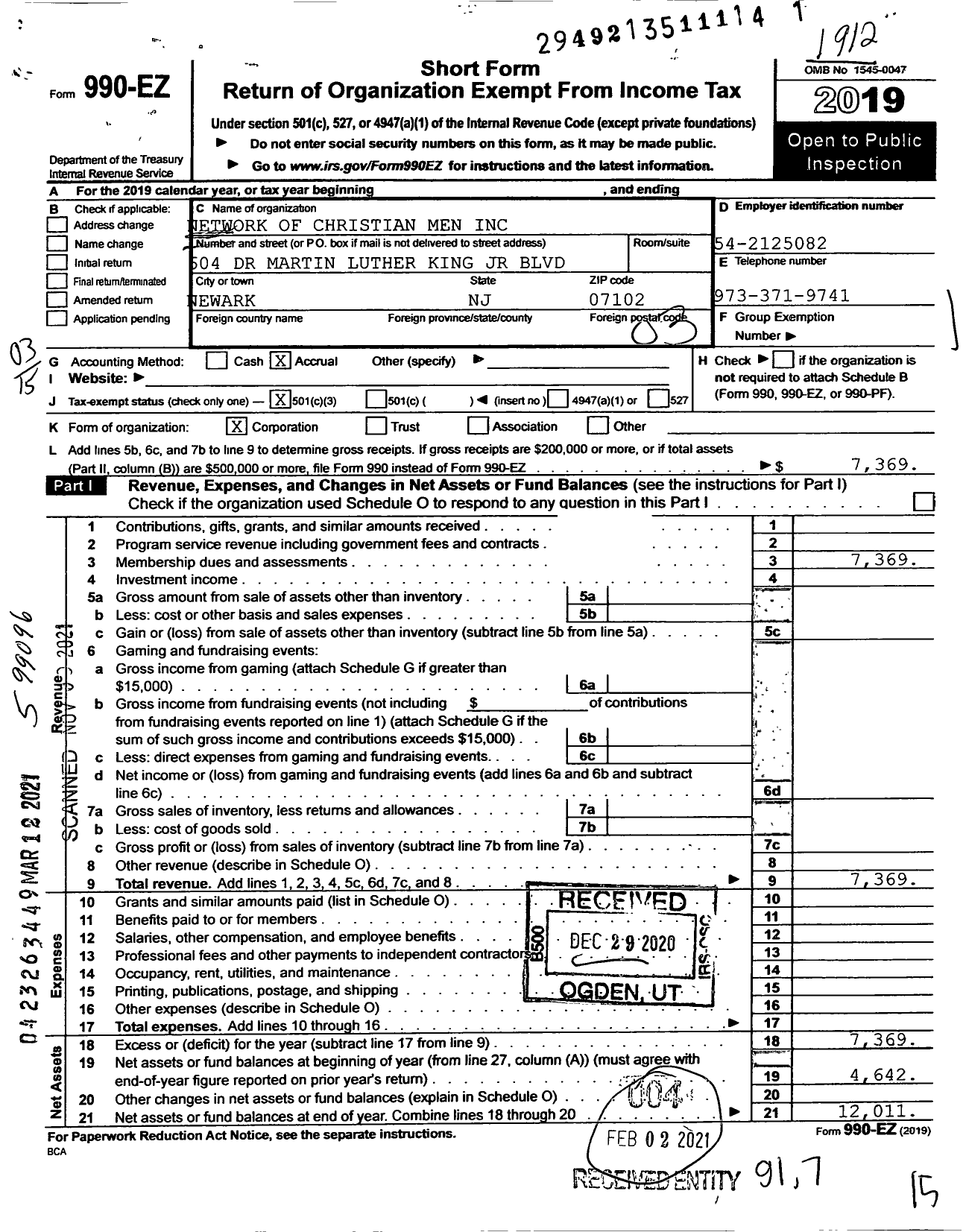 Image of first page of 2019 Form 990EZ for Network of Christian Men