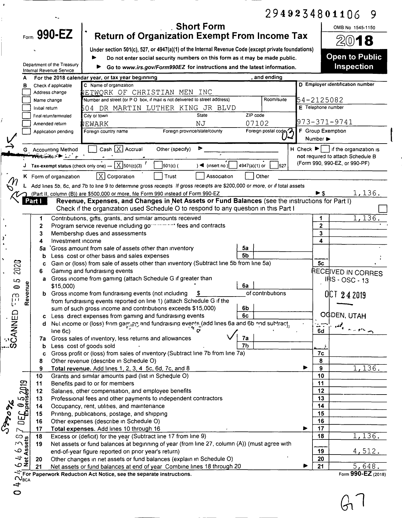 Image of first page of 2018 Form 990EZ for Network of Christian Men