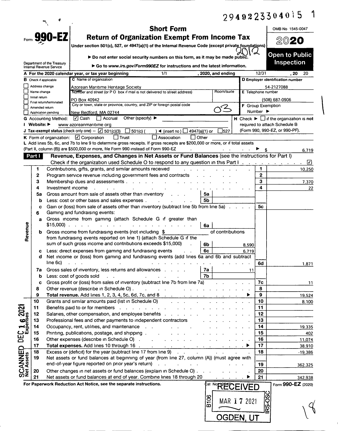 Image of first page of 2020 Form 990EZ for Azorean Maritime Heritage Society