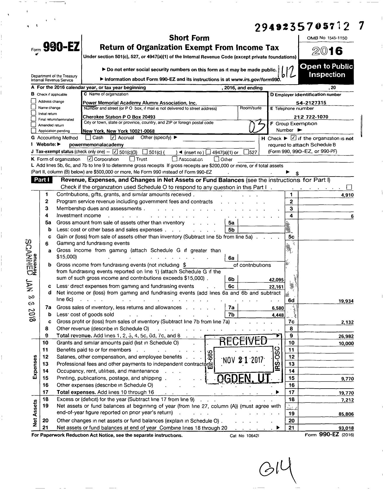 Image of first page of 2016 Form 990EZ for Power Memorial Academy Alumni Associatin