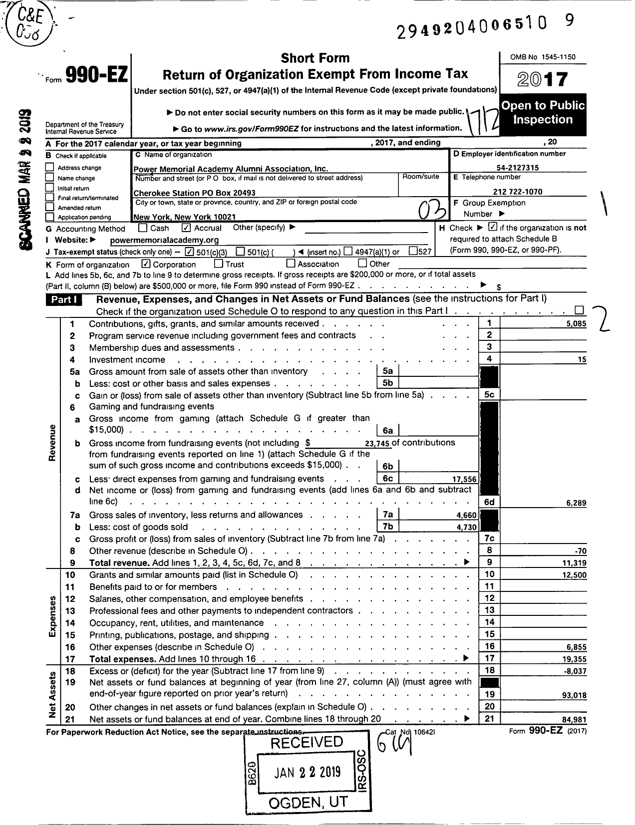 Image of first page of 2017 Form 990EZ for Power Memorial Academy Alumni Associatin