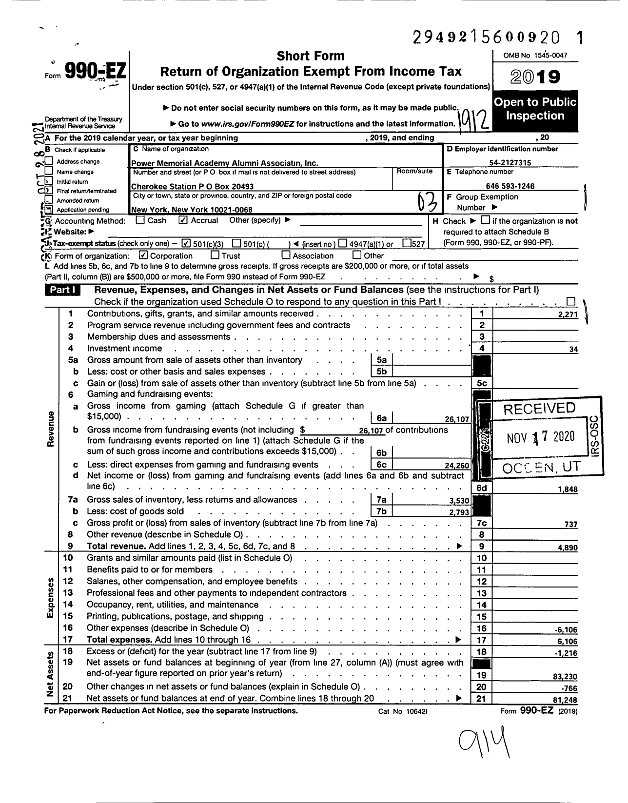 Image of first page of 2019 Form 990EZ for Power Memorial Academy Alumni Associatin