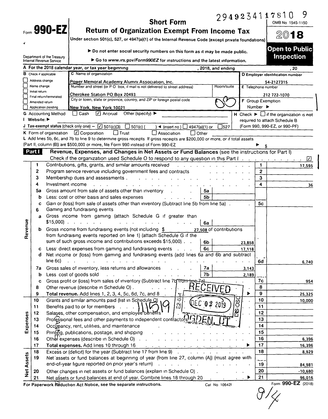 Image of first page of 2018 Form 990EZ for Power Memorial Academy Alumni Associatin