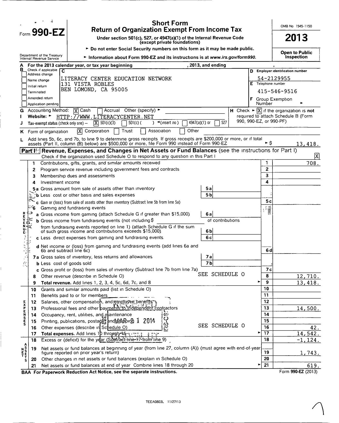 Image of first page of 2013 Form 990EZ for Literacy Center Education Network