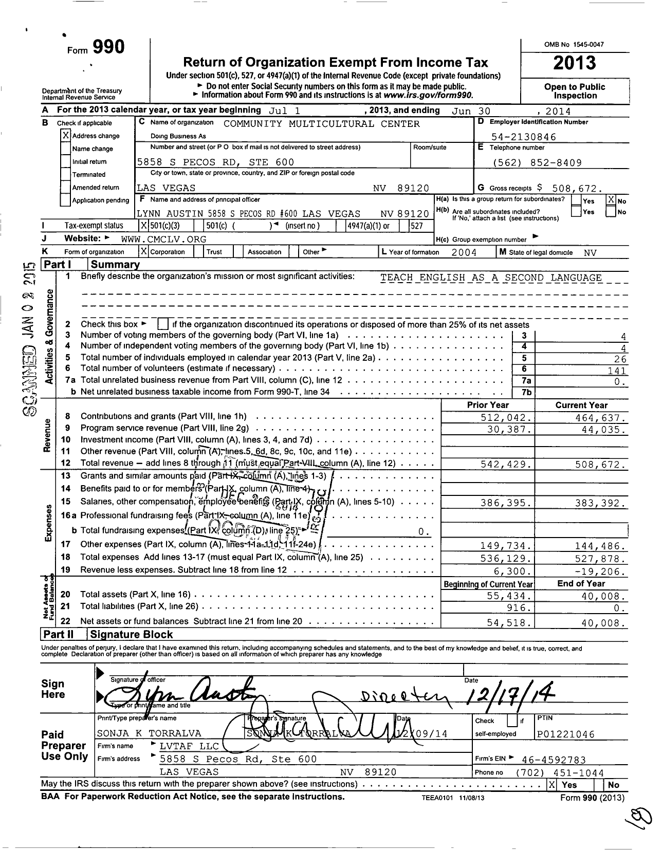 Image of first page of 2013 Form 990 for Community Multicultural Center