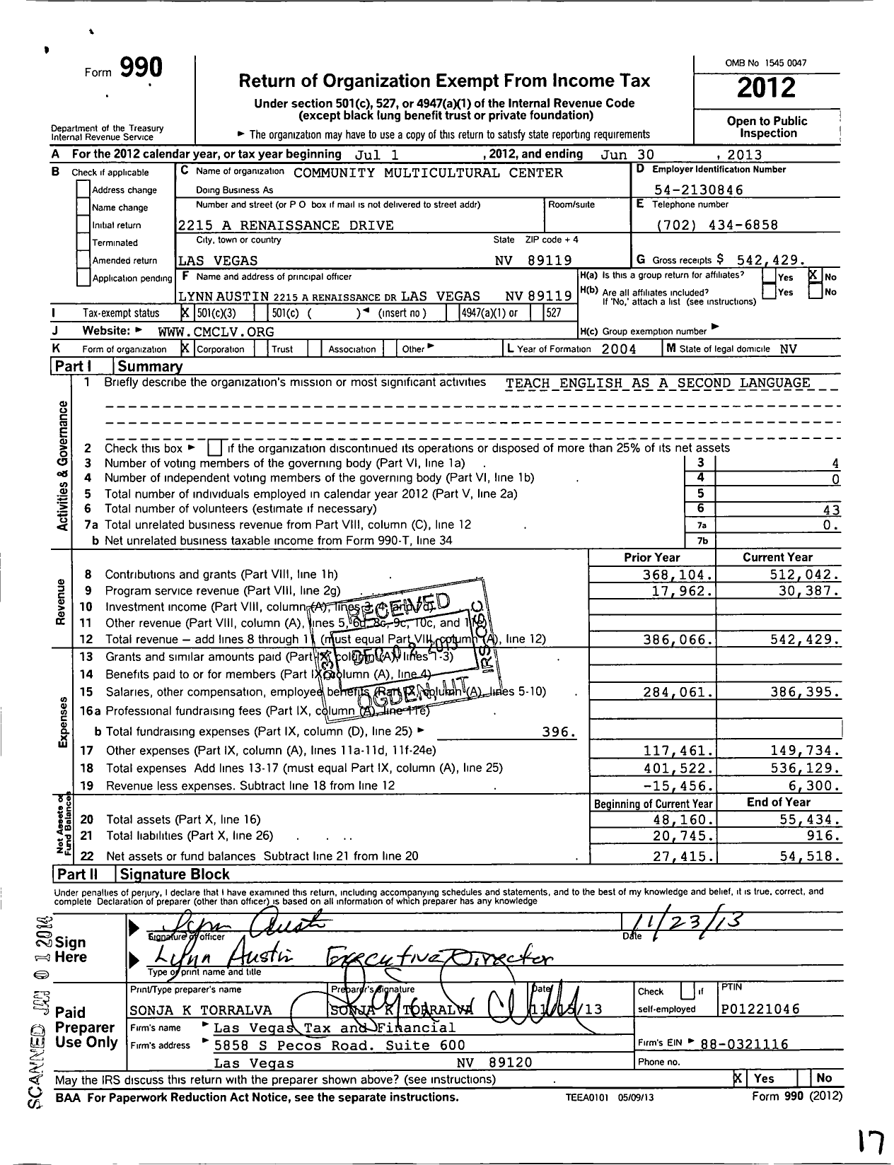 Image of first page of 2012 Form 990 for Community Multicultural Center