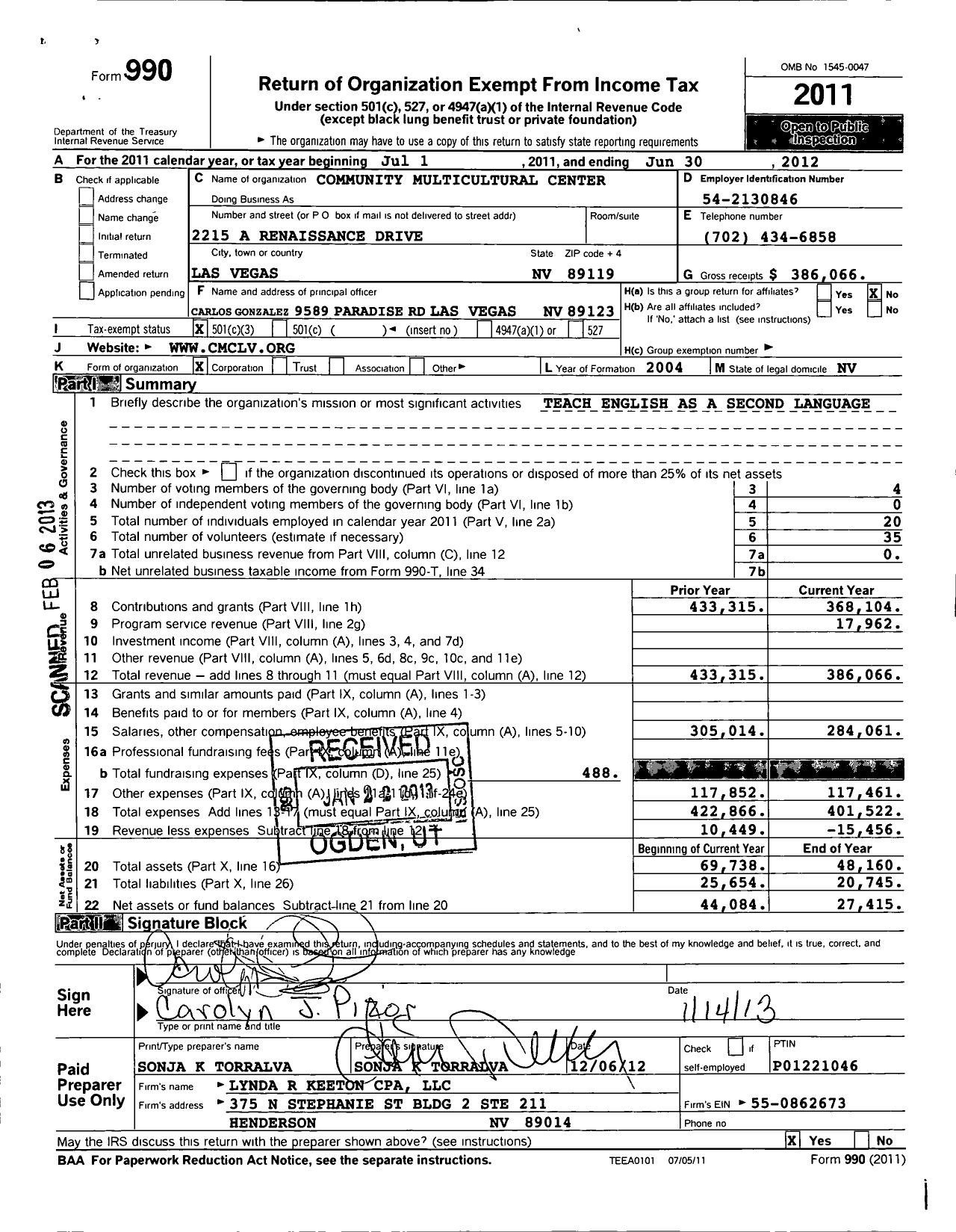 Image of first page of 2011 Form 990 for Community Multicultural Center