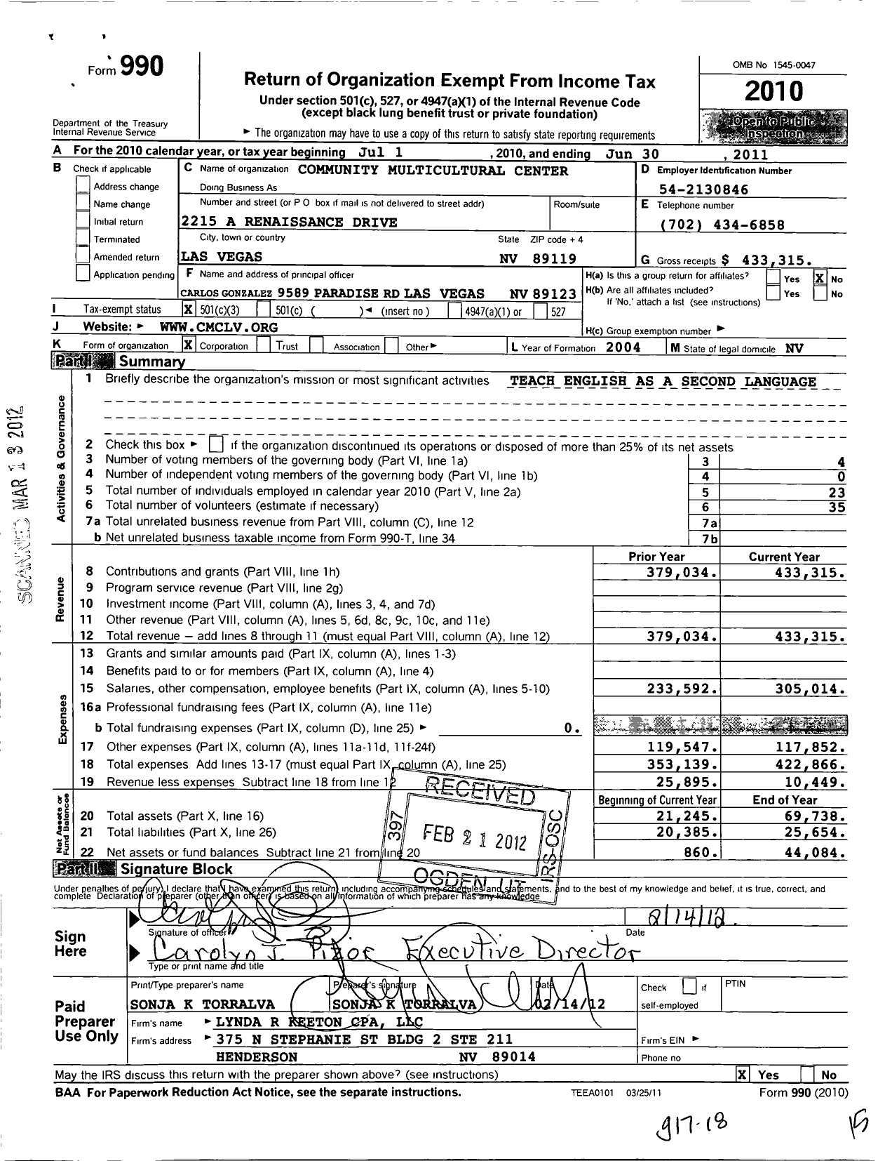 Image of first page of 2010 Form 990 for Community Multicultural Center