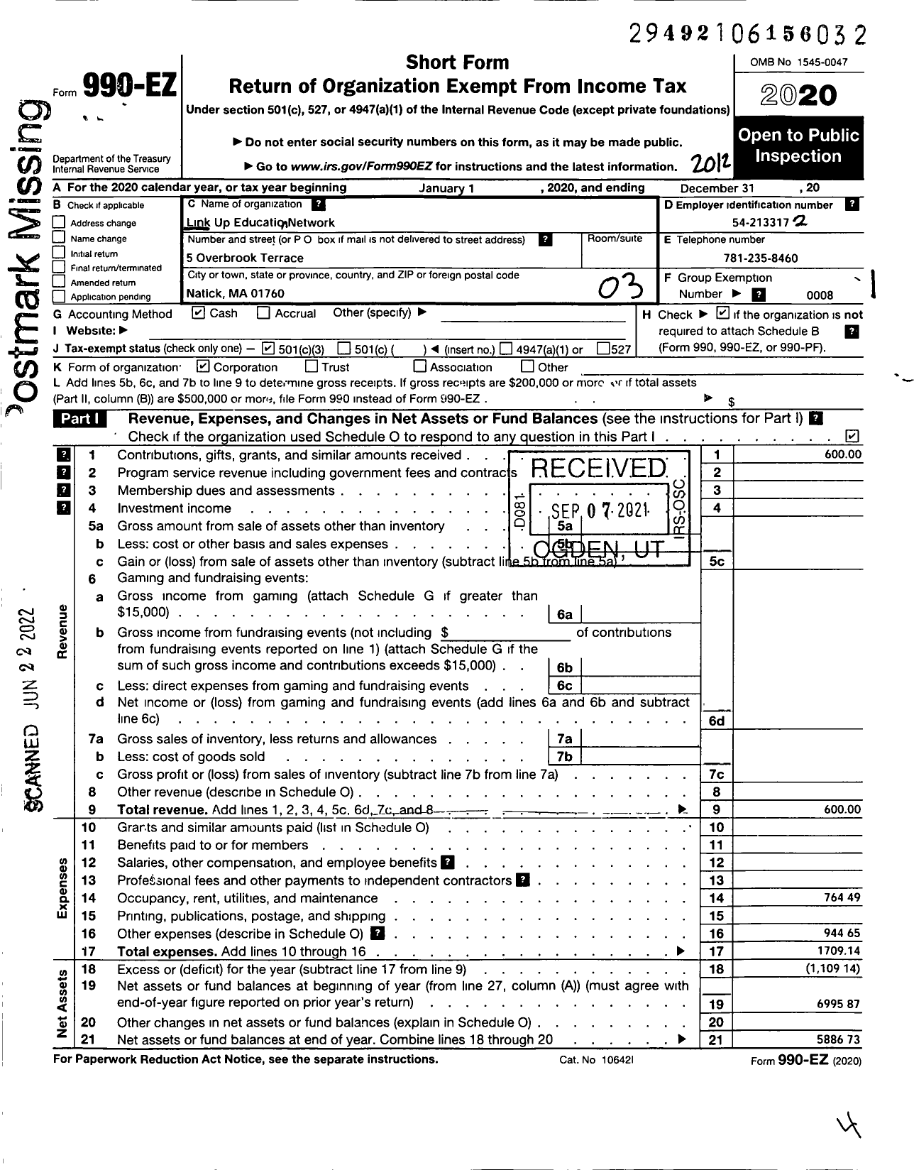 Image of first page of 2020 Form 990EZ for Link Up Education Network