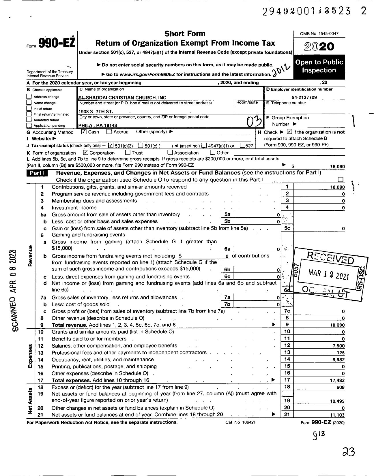 Image of first page of 2020 Form 990EZ for El-Shaddai Christian Church