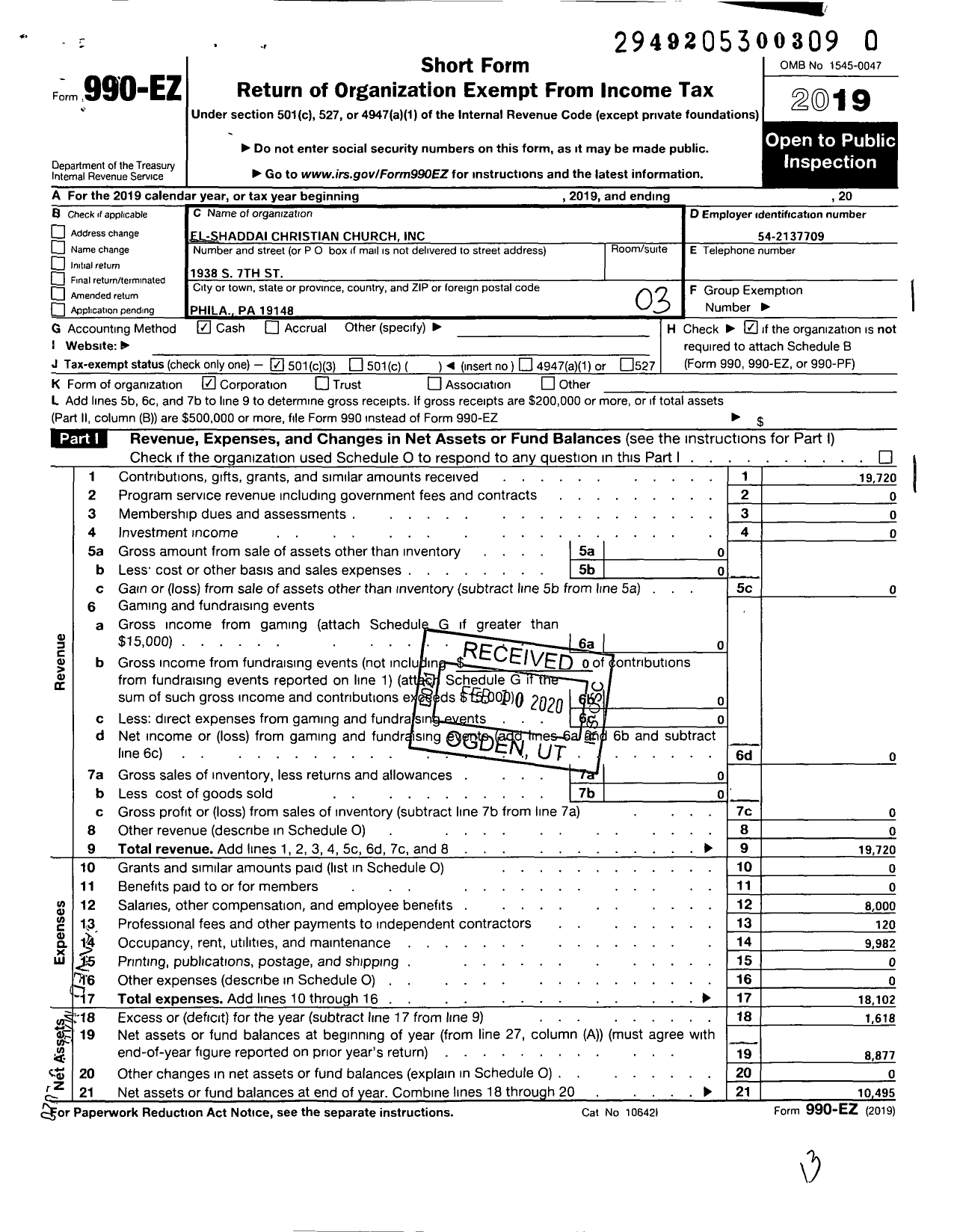 Image of first page of 2019 Form 990EZ for El-Shaddai Christian Church