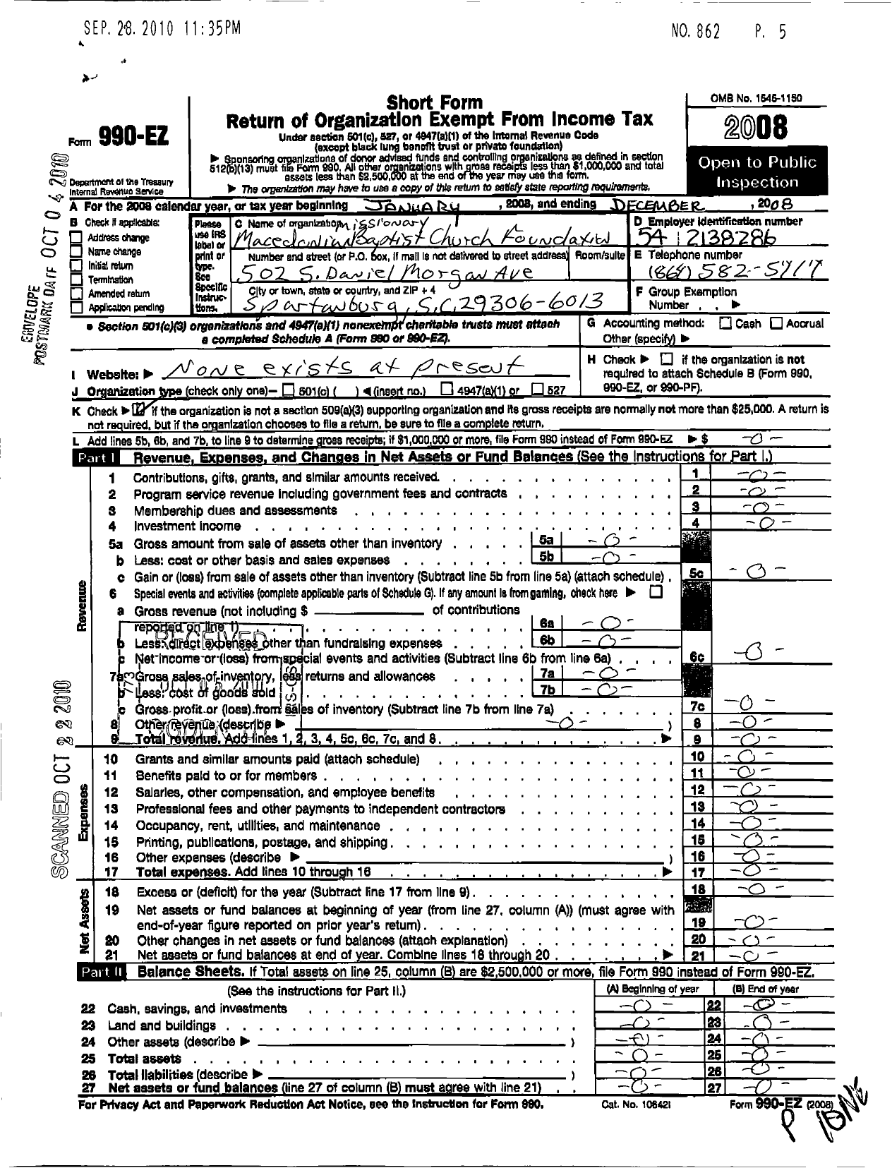 Image of first page of 2008 Form 990EO for Highland Community Development Corporation of South Carolina