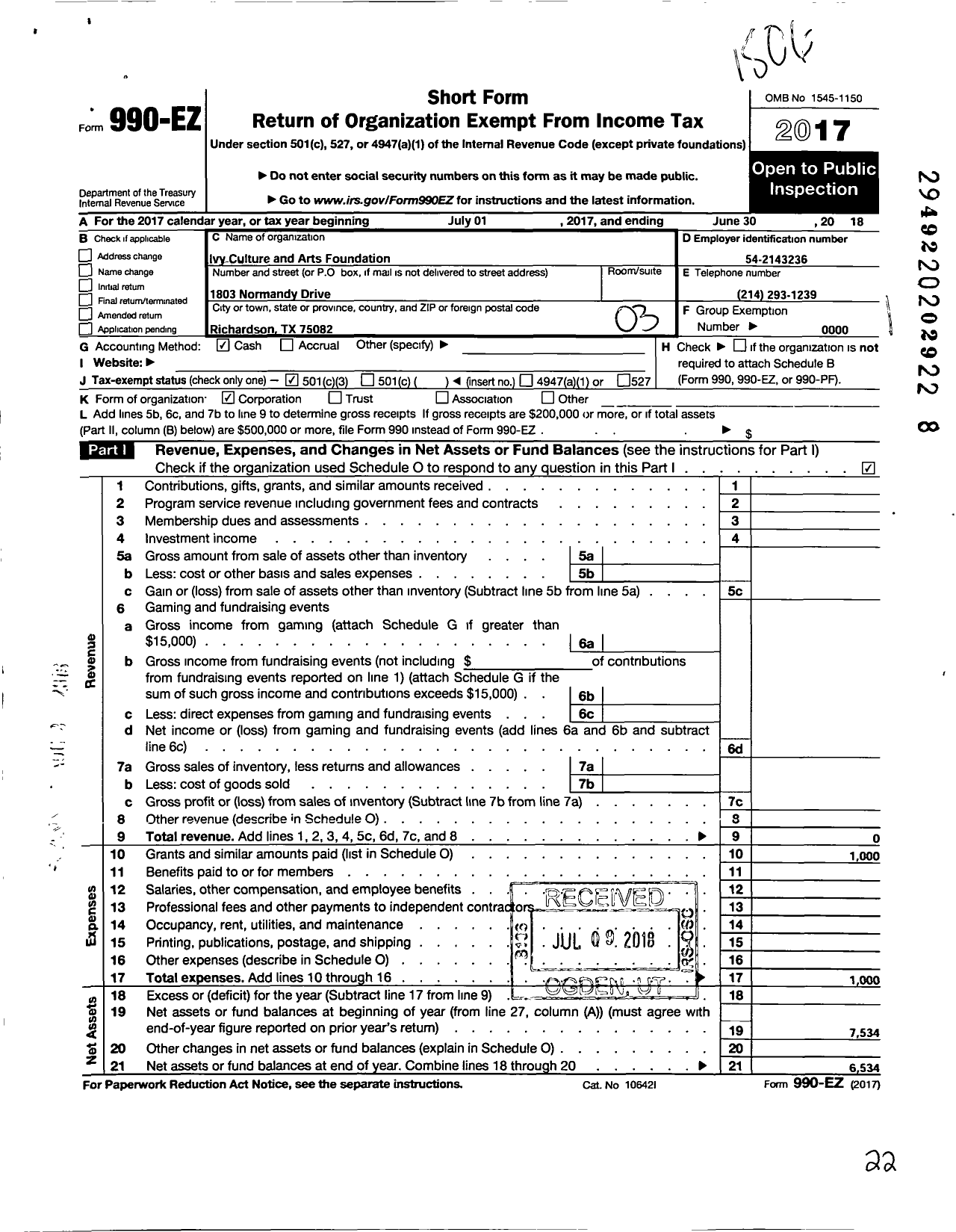 Image of first page of 2017 Form 990EZ for Ivy Culture and Arts Foundation