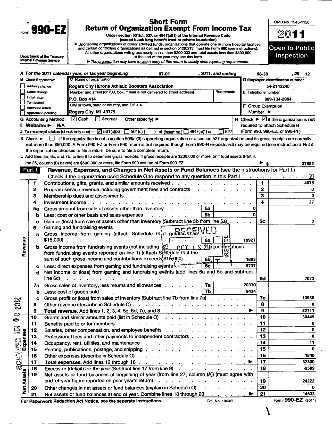 Image of first page of 2011 Form 990EZ for Rogers City Hurons Athletic Booster Association