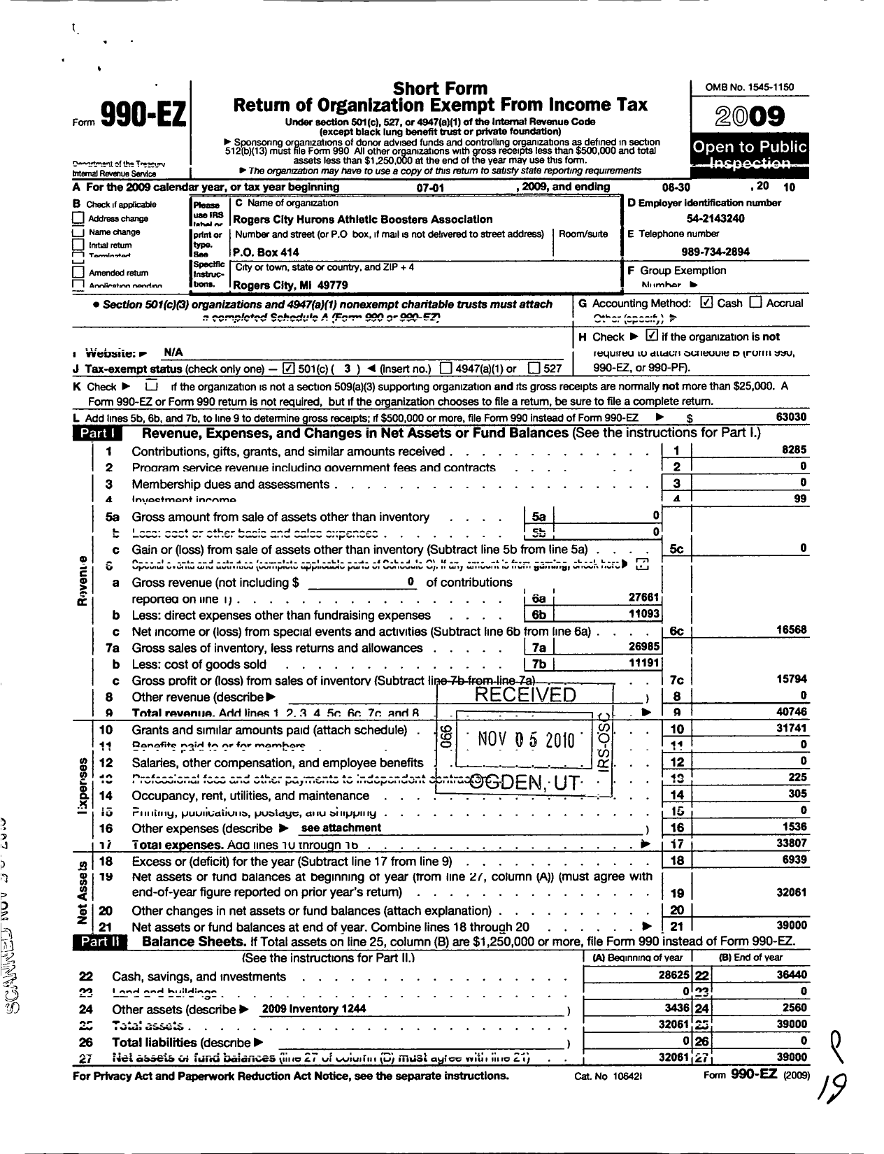 Image of first page of 2009 Form 990EZ for Rogers City Hurons Athletic Booster Association