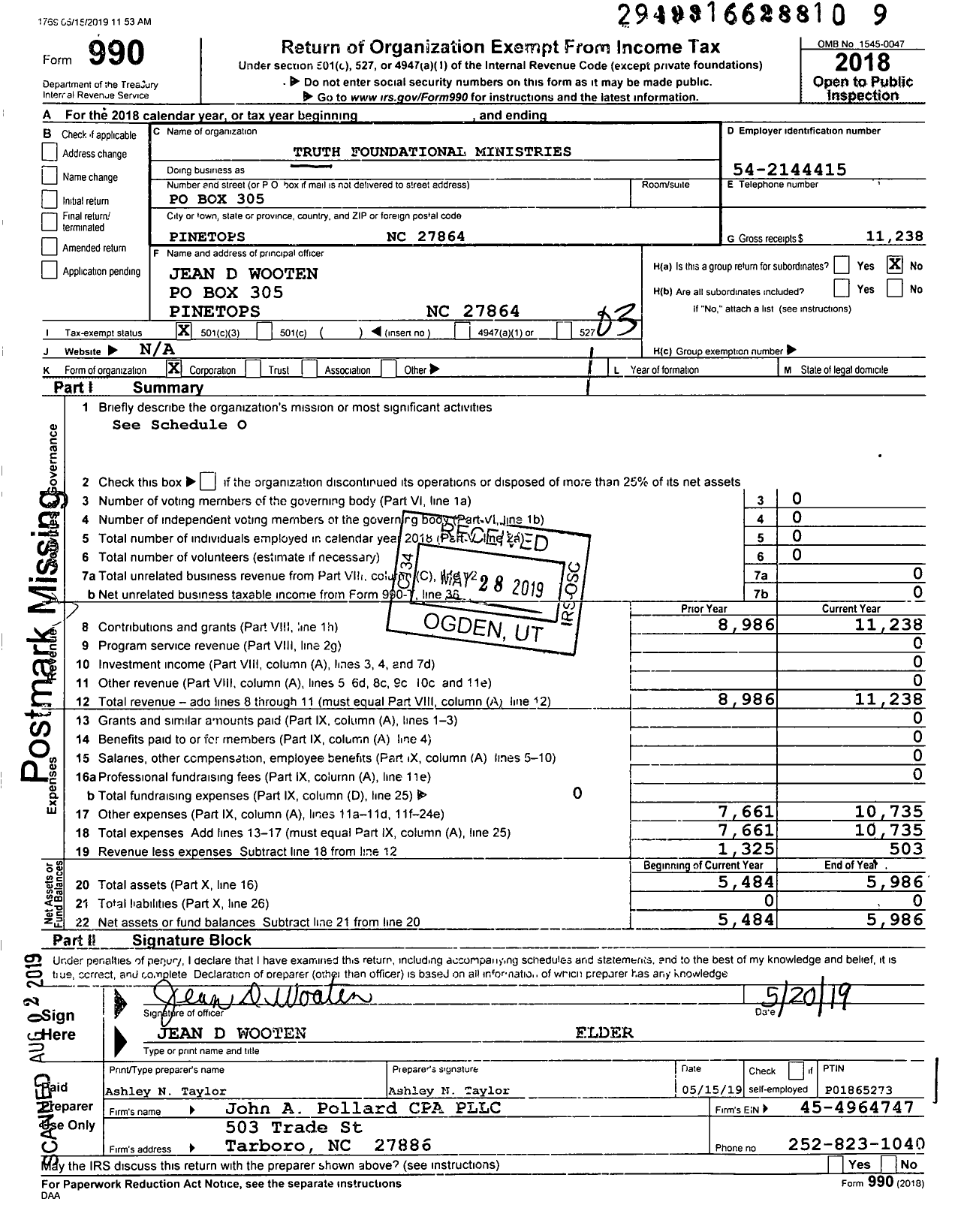 Image of first page of 2018 Form 990 for Truth Foundational Ministries