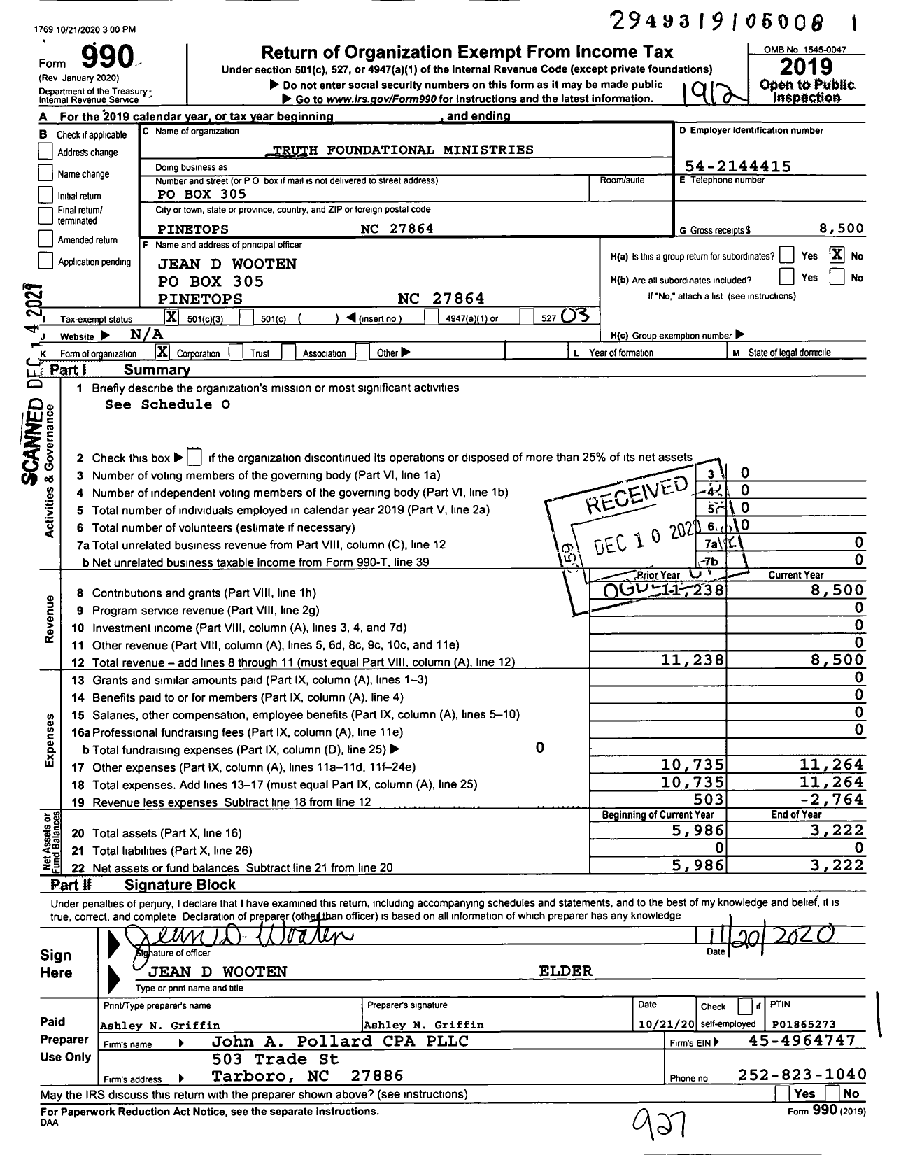 Image of first page of 2019 Form 990 for Truth Foundational Ministries