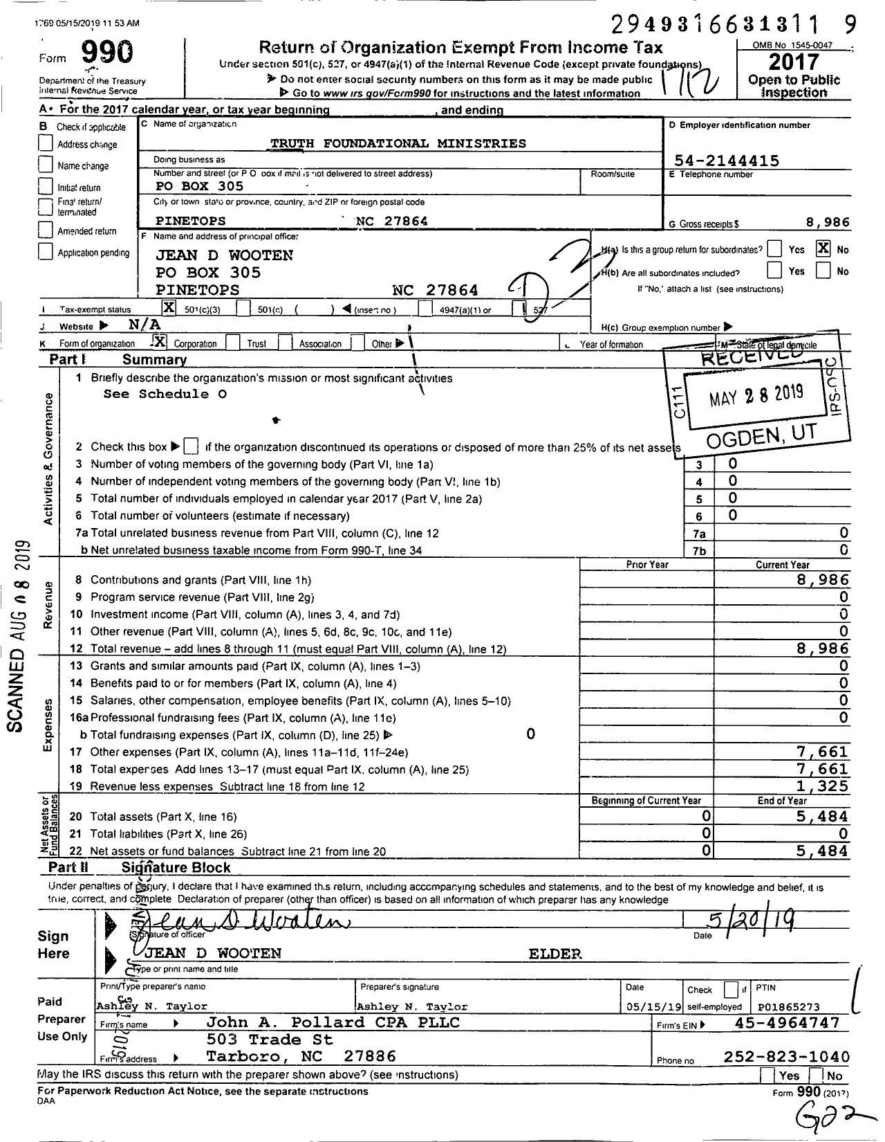 Image of first page of 2017 Form 990 for Truth Foundational Ministries