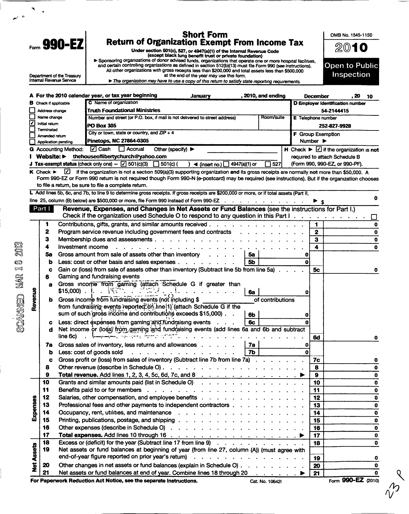 Image of first page of 2010 Form 990EZ for Truth Foundational Ministries