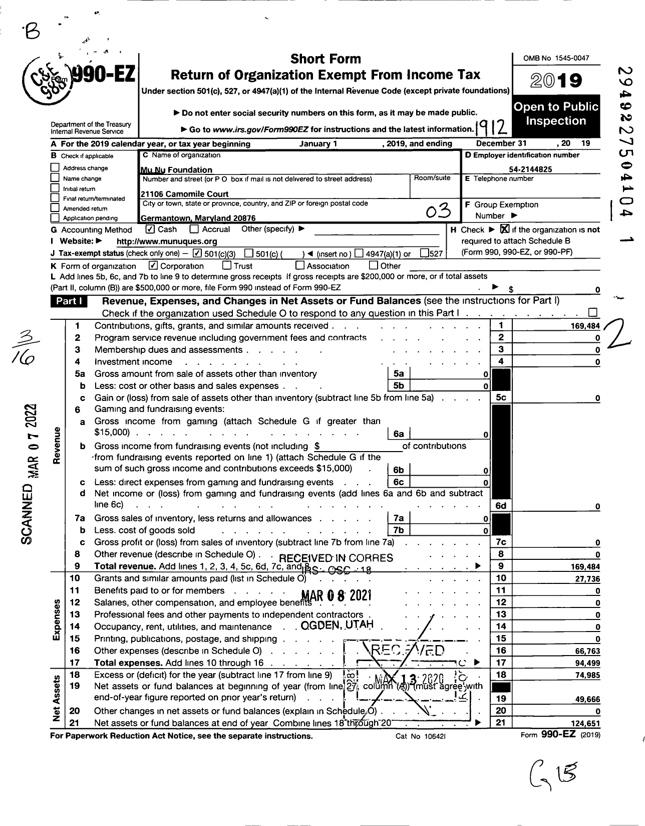 Image of first page of 2019 Form 990EZ for Mu Nu Foundatrion