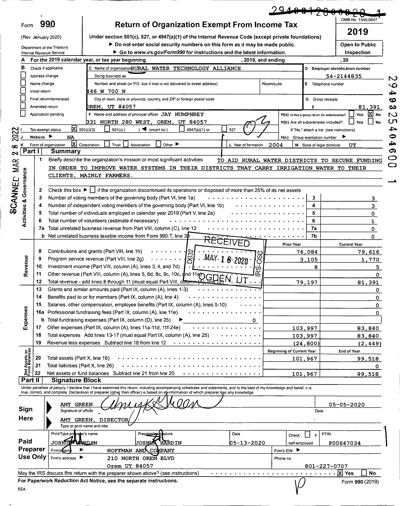 Image of first page of 2019 Form 990 for Rural Water Technology Alliance