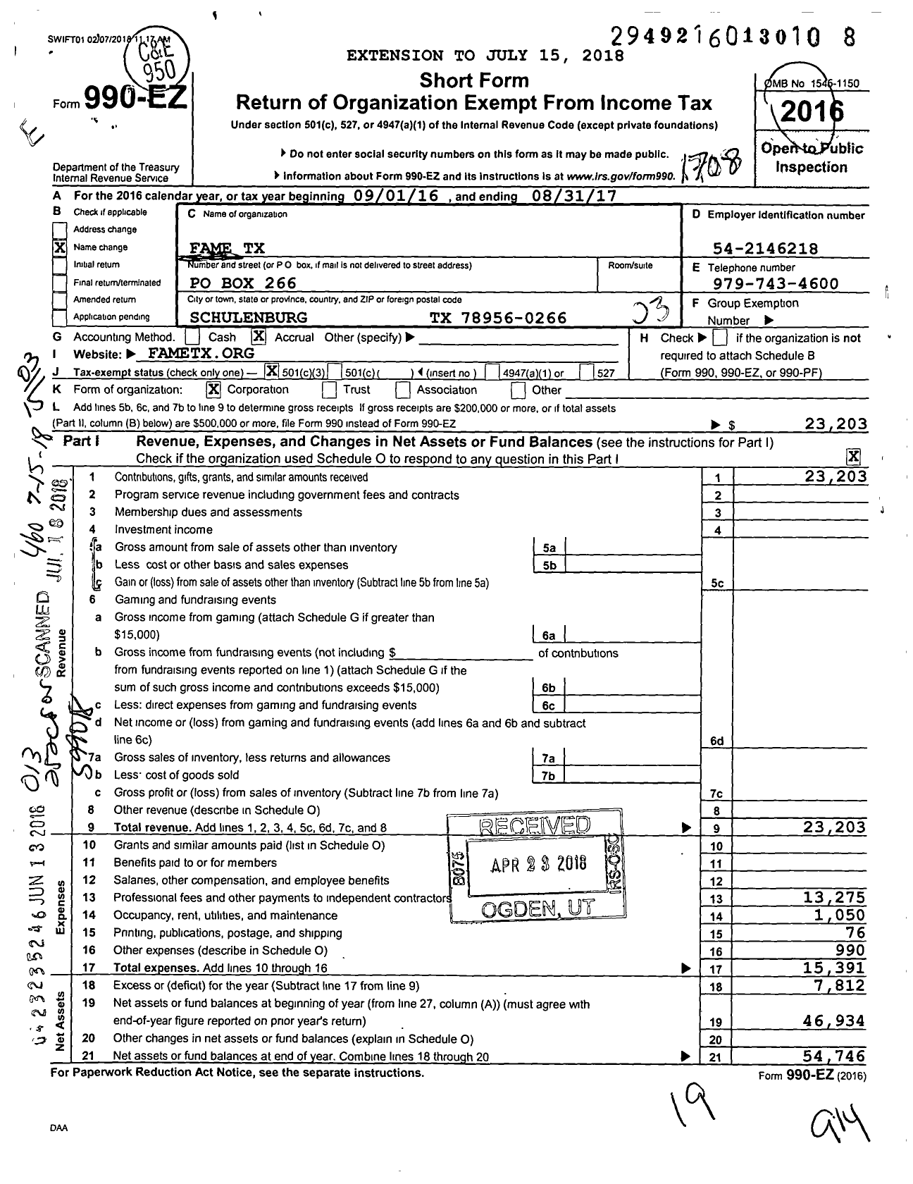 Image of first page of 2016 Form 990EZ for Fame TX