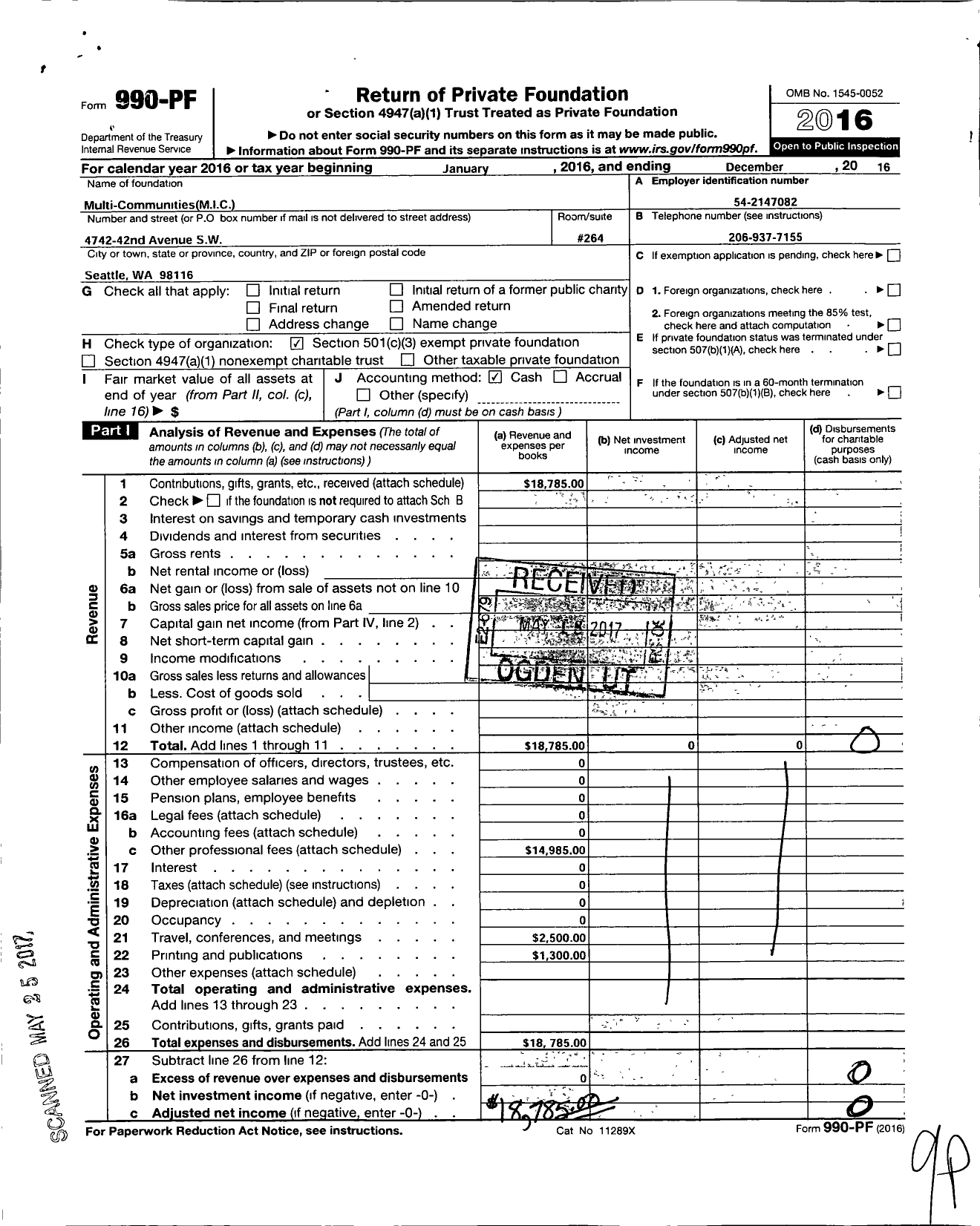 Image of first page of 2016 Form 990PF for Multi-Communities