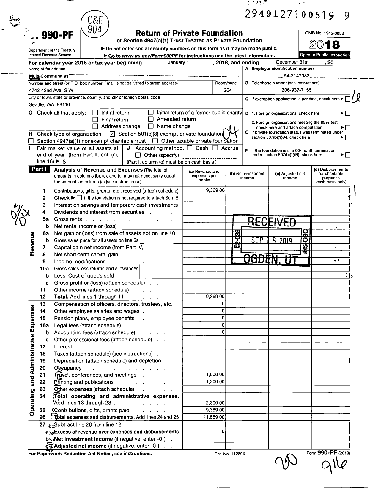Image of first page of 2018 Form 990PF for Multi-Communities