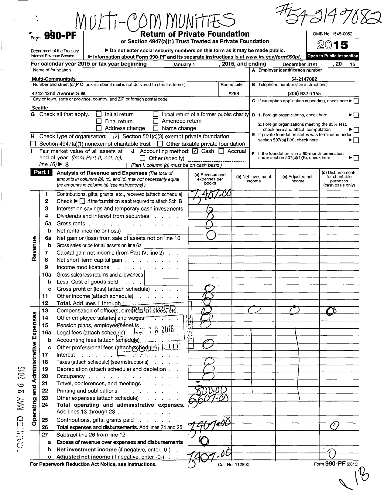 Image of first page of 2015 Form 990PF for Multi-Communities