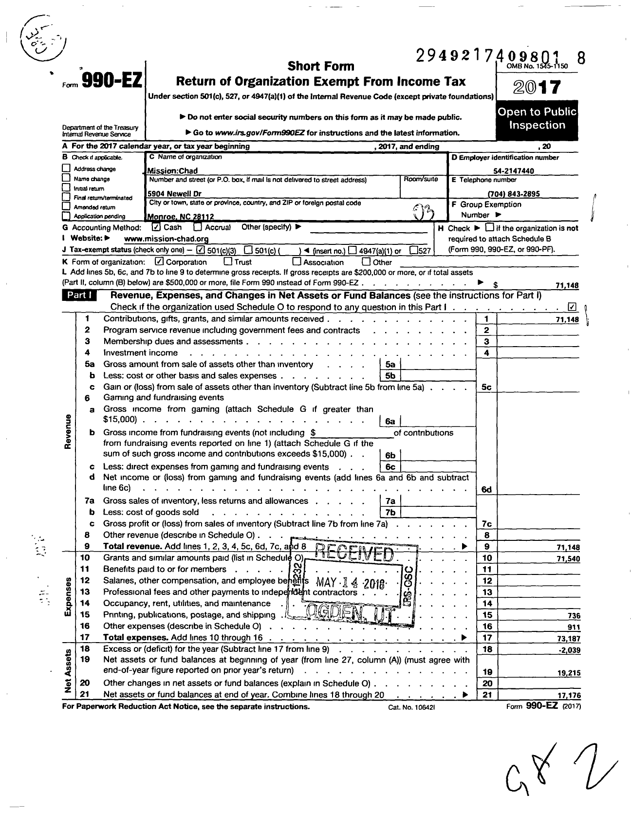 Image of first page of 2017 Form 990EZ for Mission Chad