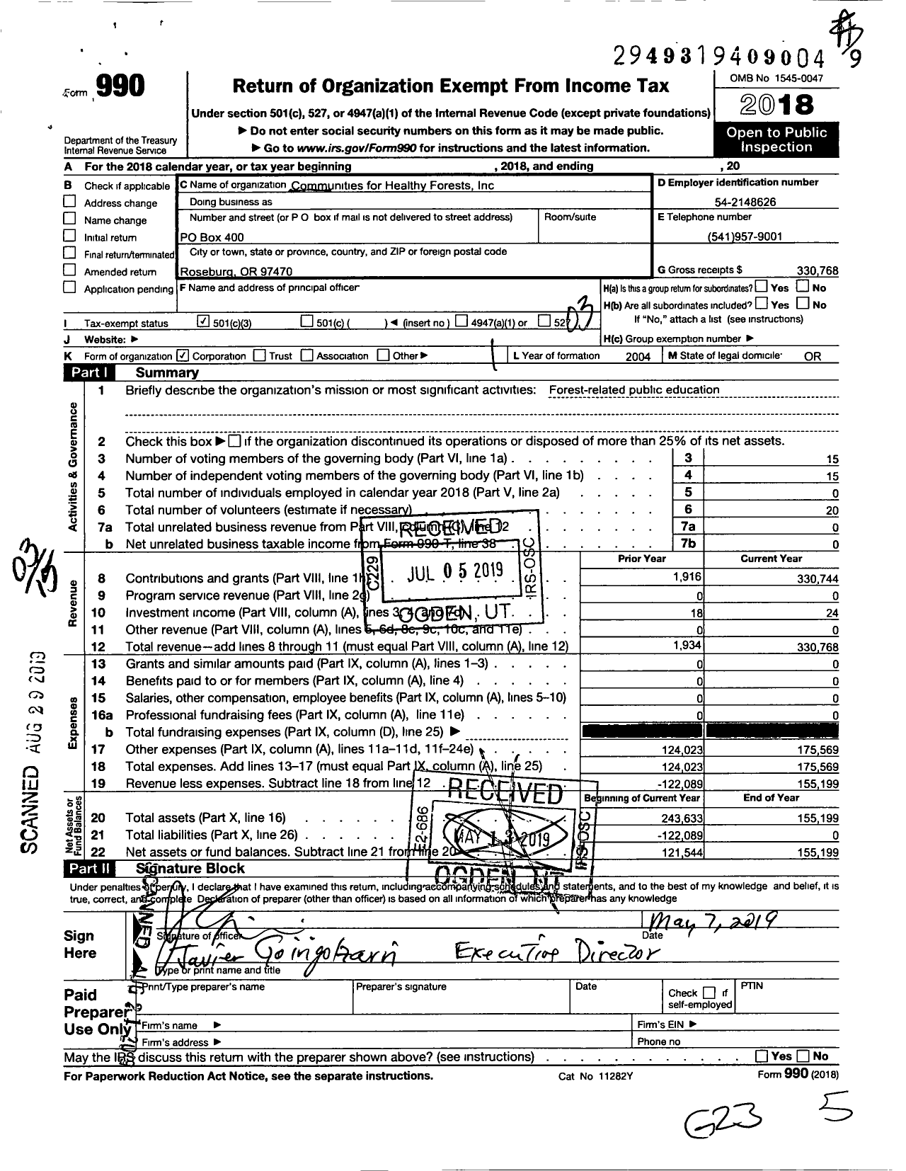 Image of first page of 2018 Form 990 for Communities for Healthy Forests