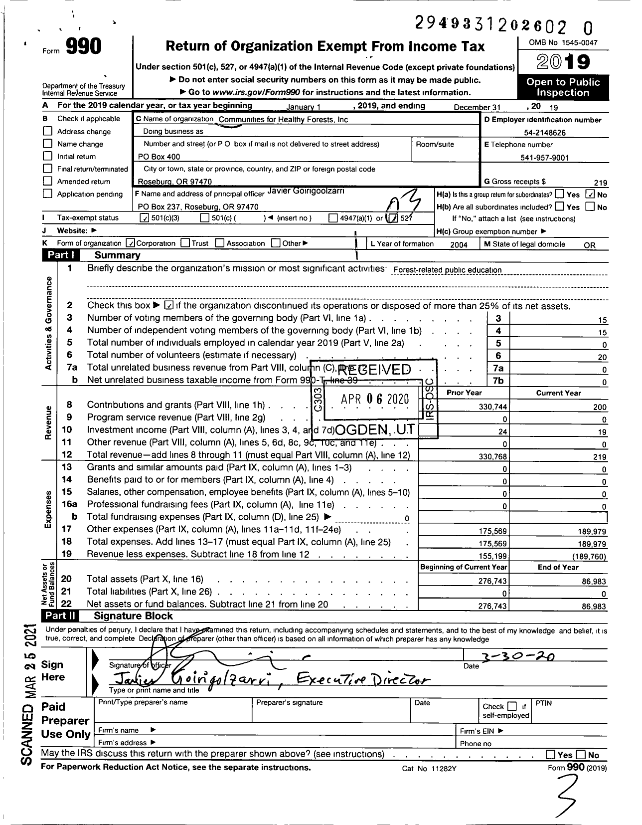 Image of first page of 2019 Form 990 for Communities for Healthy Forests