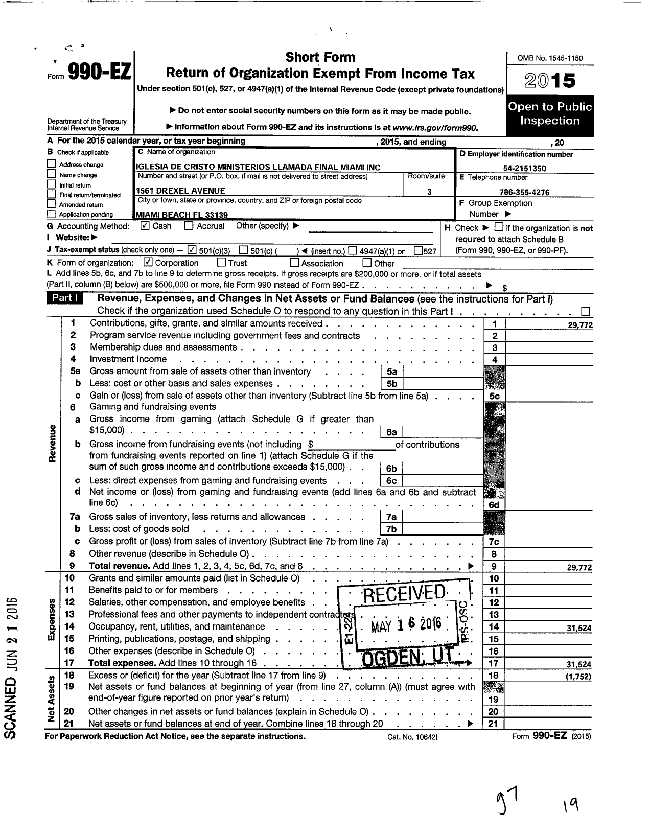 Image of first page of 2015 Form 990EZ for Iglesia de Cristo Ministerios Llamada