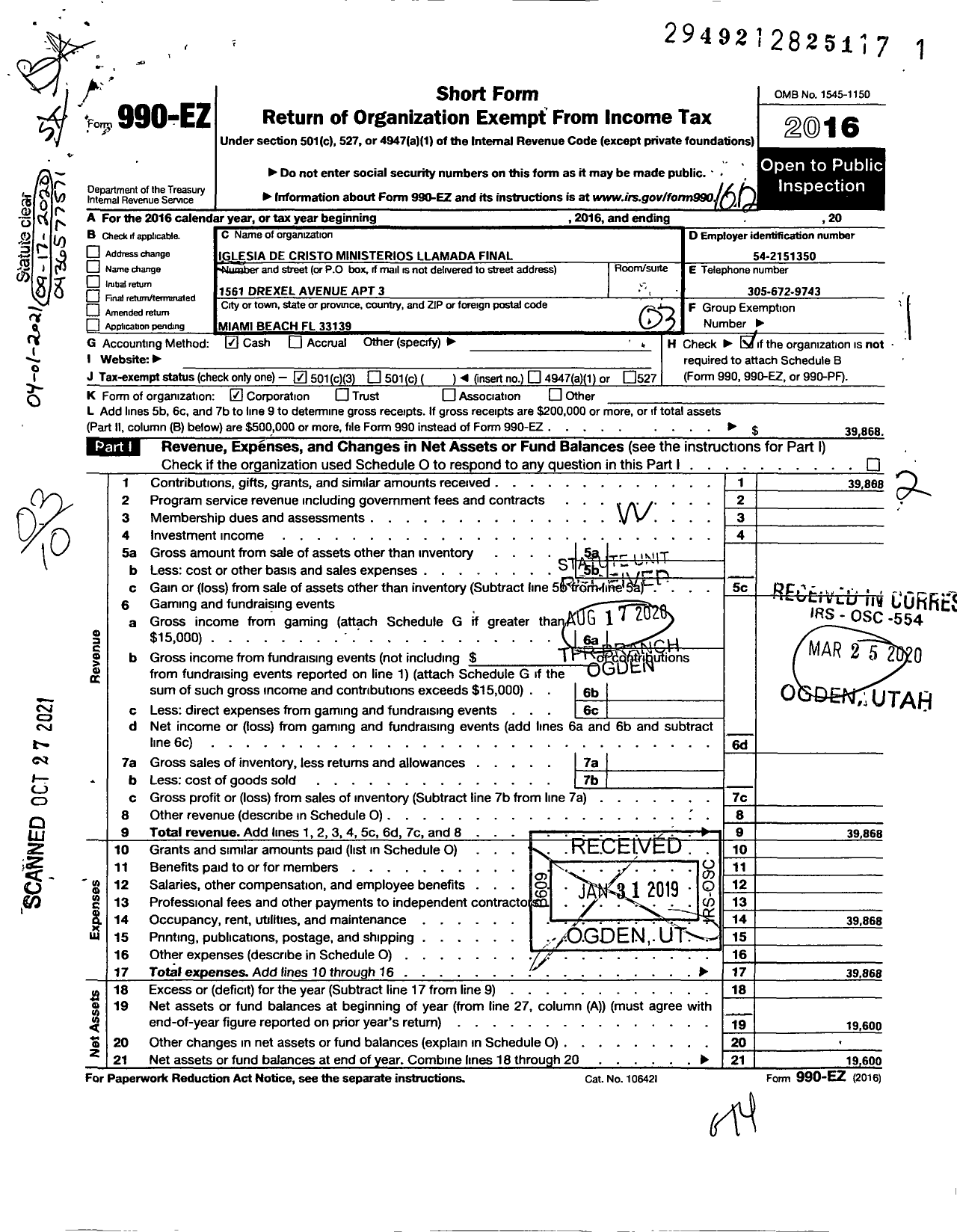 Image of first page of 2016 Form 990EZ for Iglesia de Cristo Ministerios Llamada