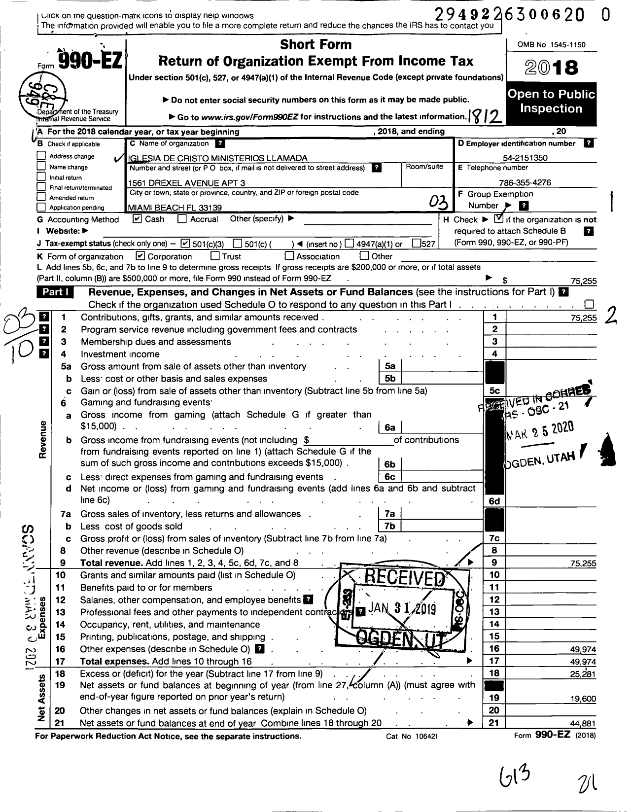 Image of first page of 2018 Form 990EZ for Iglesia de Cristo Ministerios Llamada