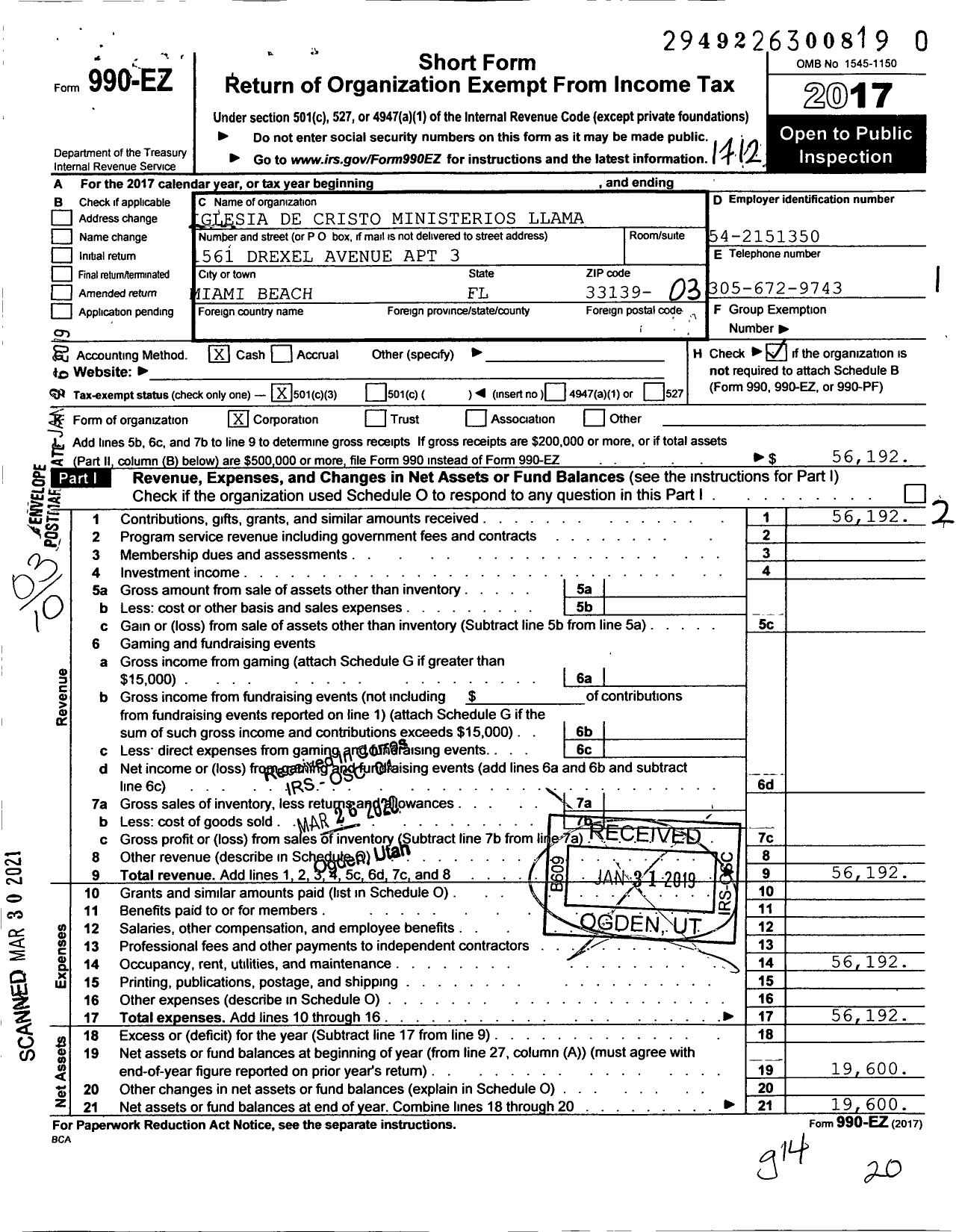 Image of first page of 2017 Form 990EZ for Iglesia de Cristo Ministerios Llamada