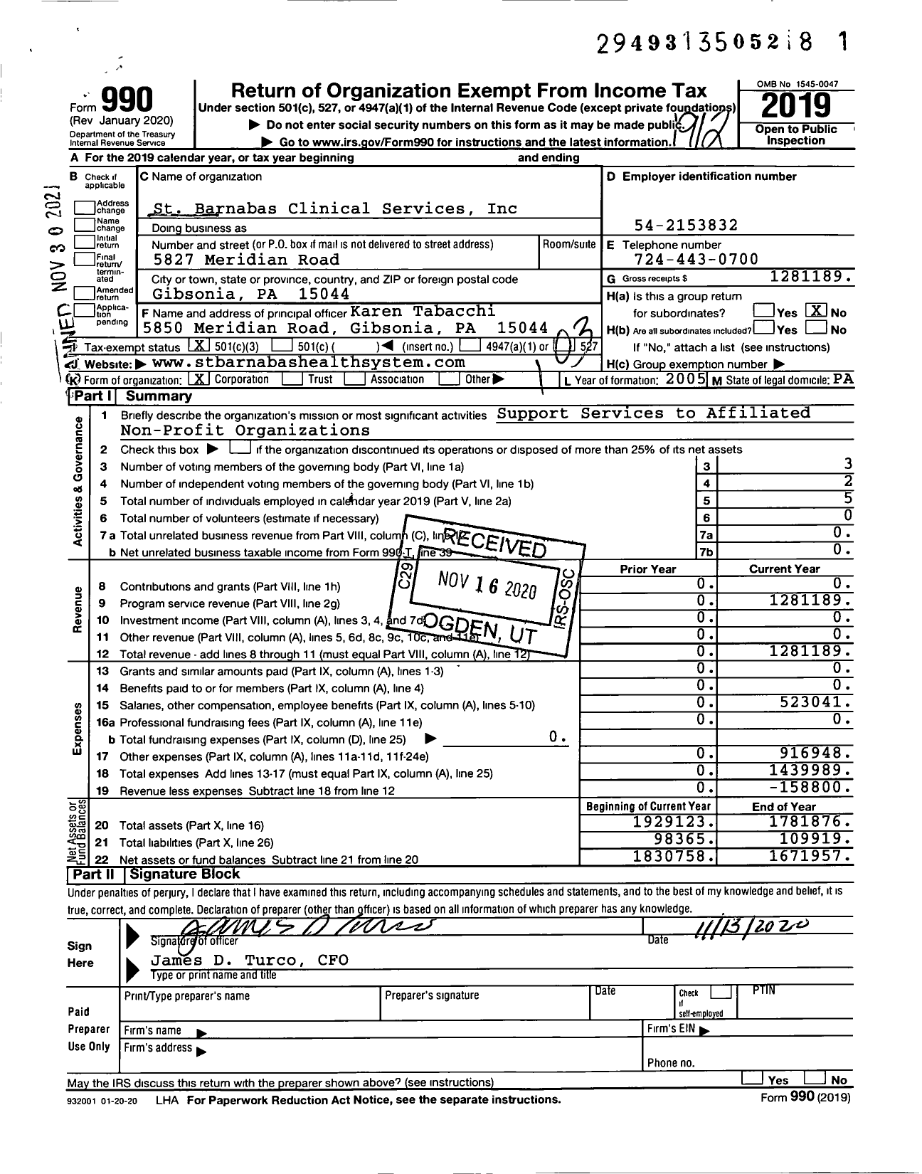 Image of first page of 2019 Form 990 for Stbarnabas Clinical Services