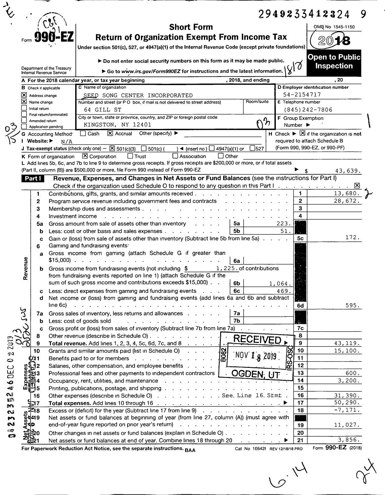 Image of first page of 2018 Form 990EZ for Seed Song Center Incorporated