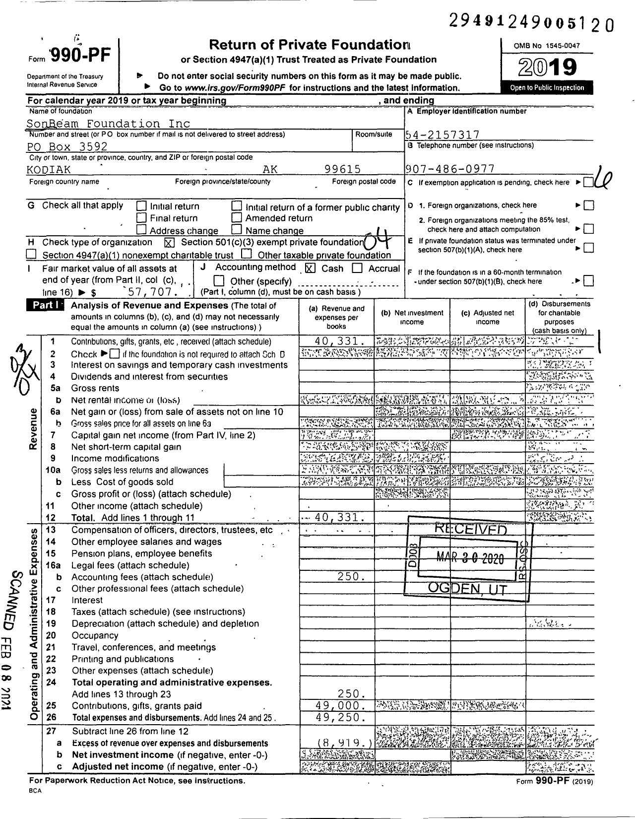 Image of first page of 2019 Form 990PF for SonBeam Foundation