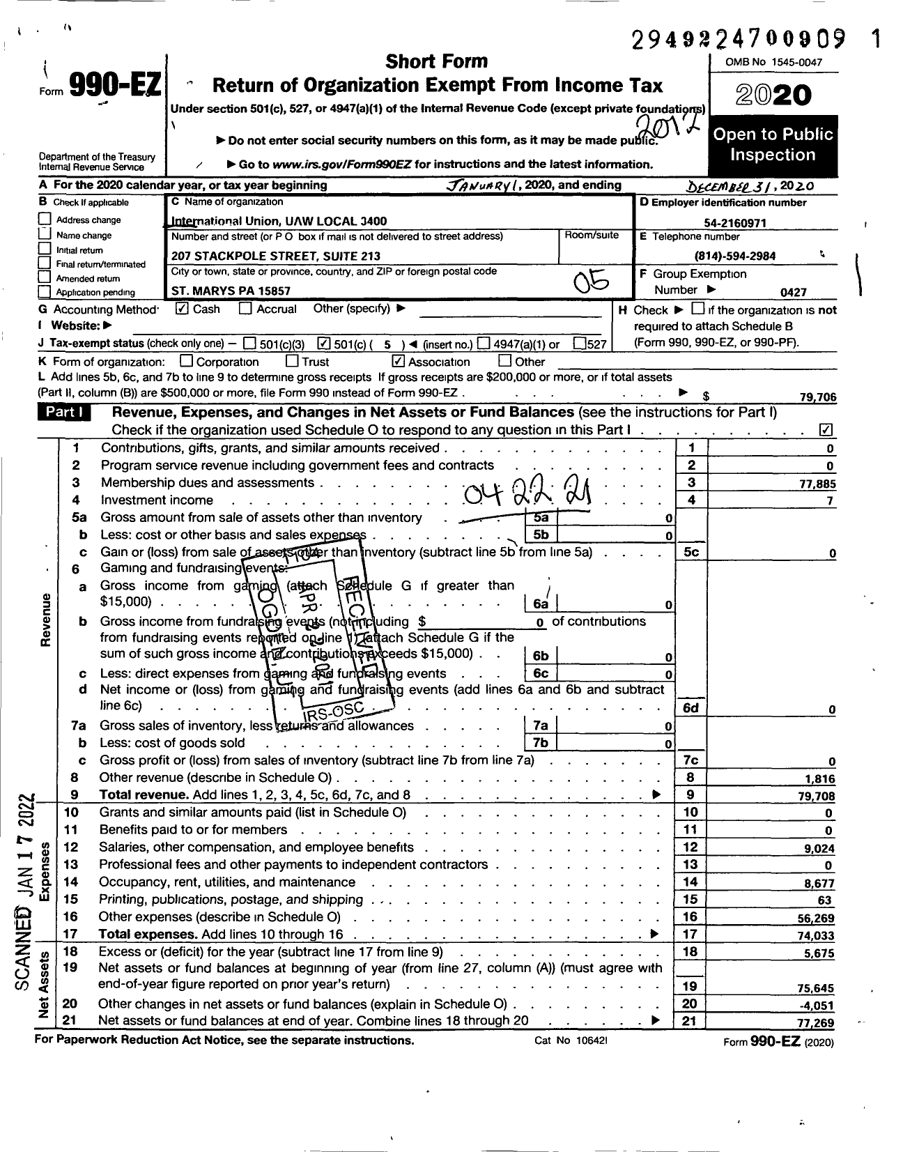 Image of first page of 2020 Form 990EO for Uaw - Local 3400 Uaw (3400 Uaw Local)