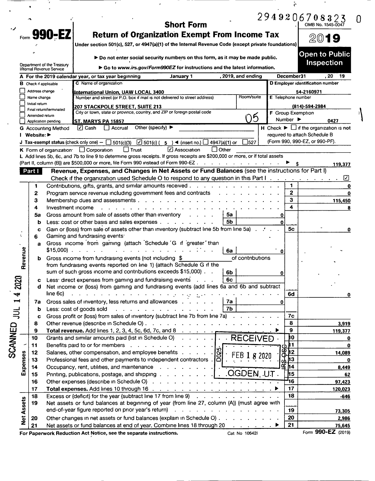 Image of first page of 2019 Form 990EO for Uaw - Local 3400 Uaw (3400 Uaw Local)