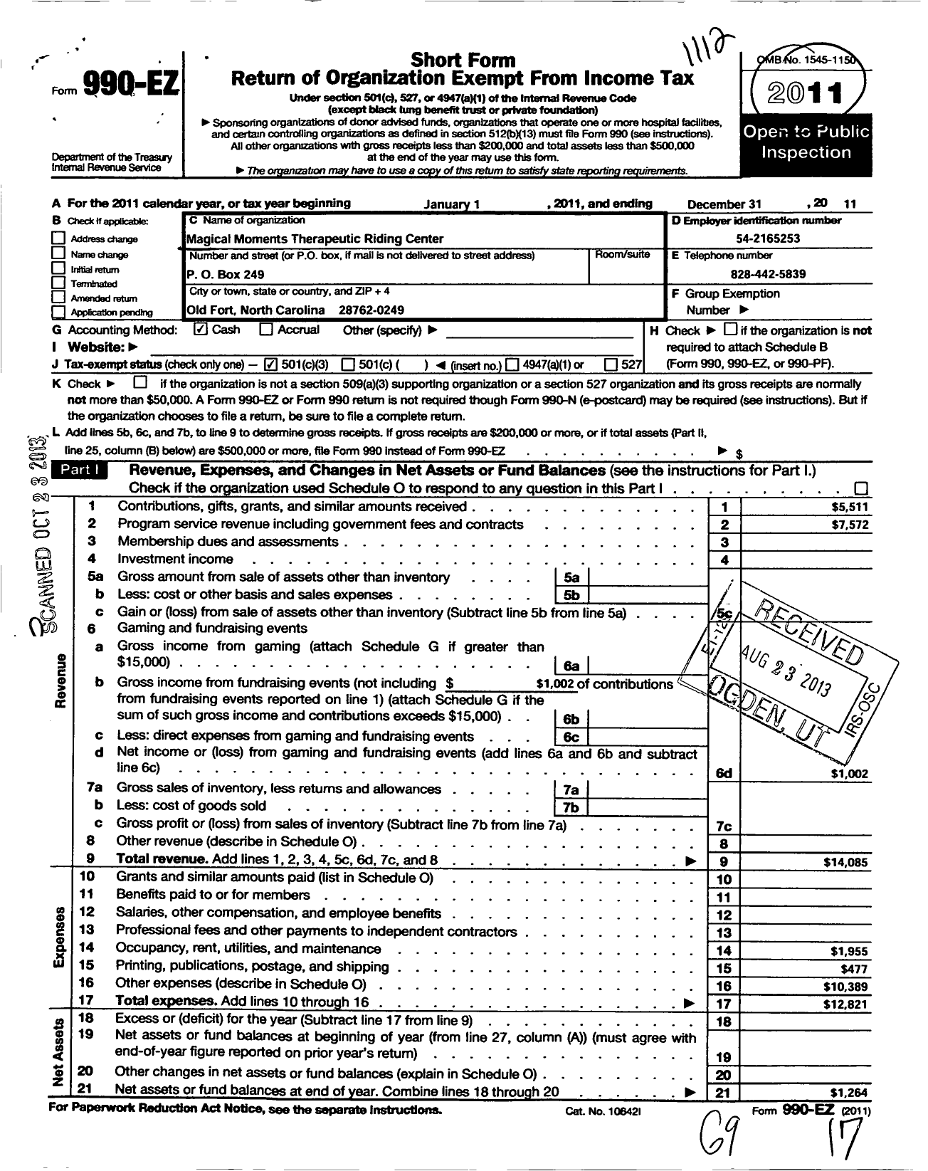 Image of first page of 2011 Form 990EZ for Magical Moments Therapeutic Riding